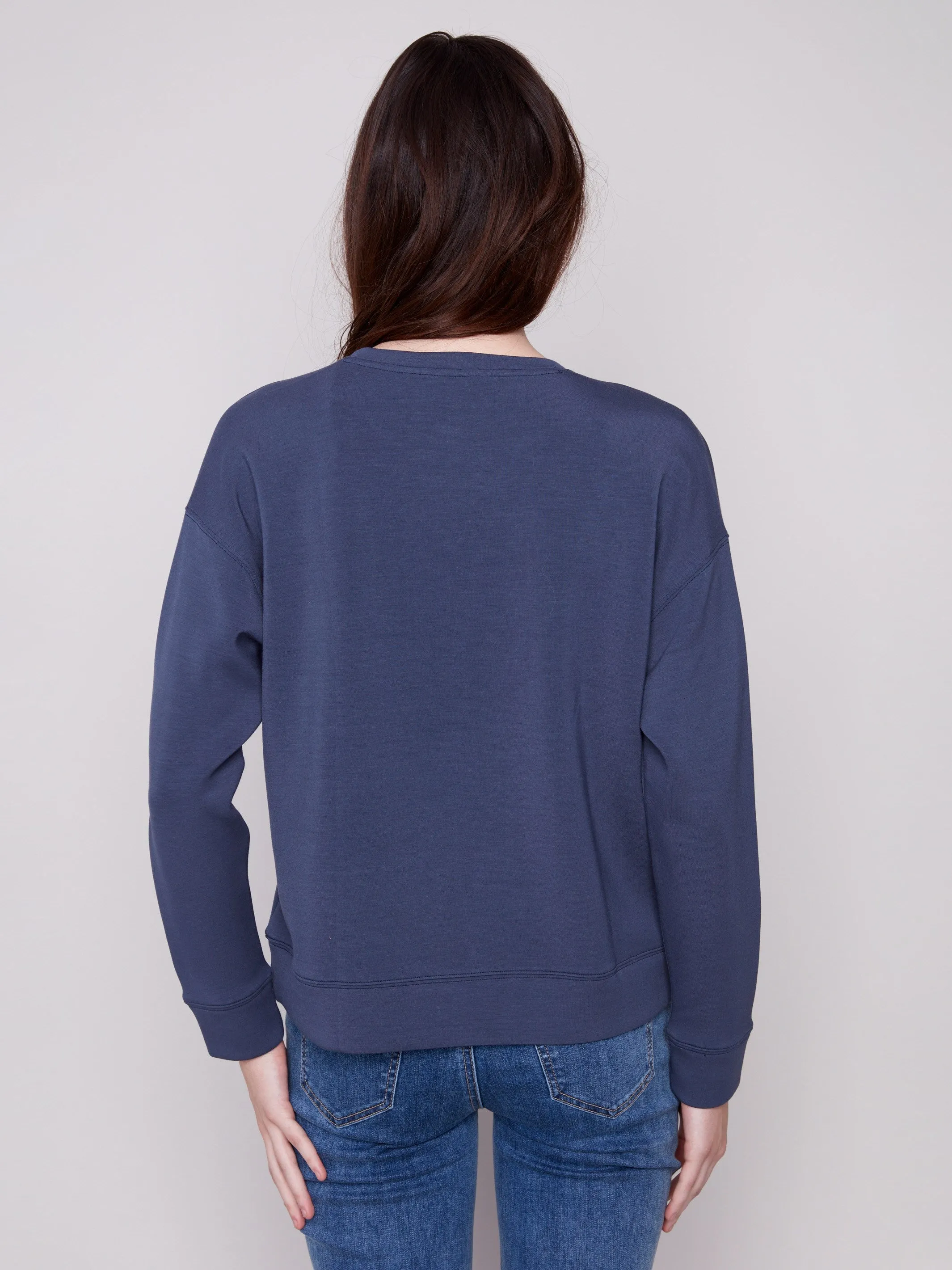 Light and Cozy Pocket Detailing Scuba Knit Top with Soutache Detail - Moonlight