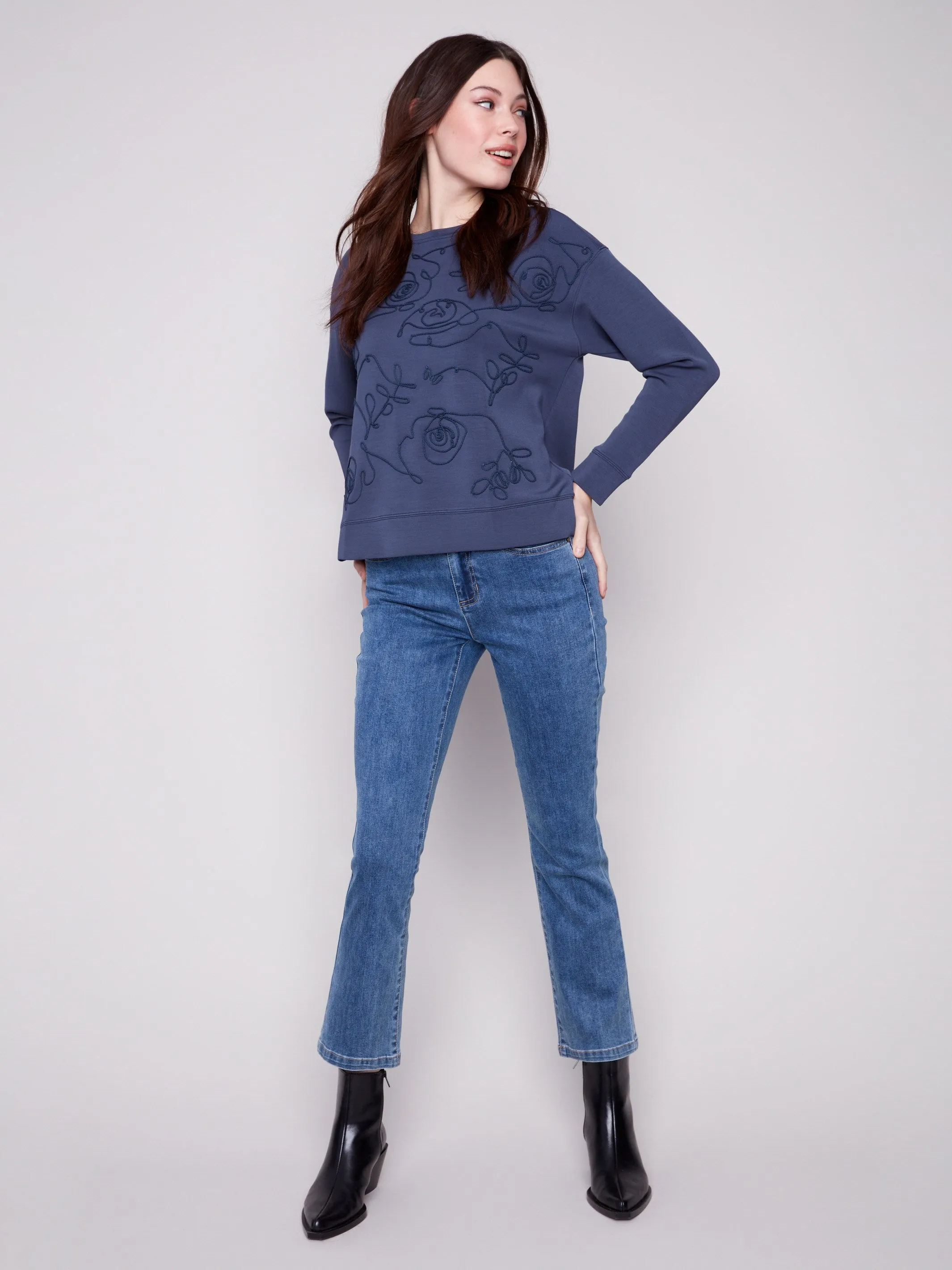 Versatile Wear DurableStitching Scuba Knit Top with Soutache Detail - Moonlight