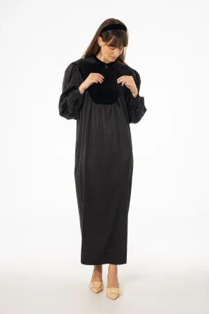 Black Velour Yoke Maxi Dress UltraSoft Texture Wind Block