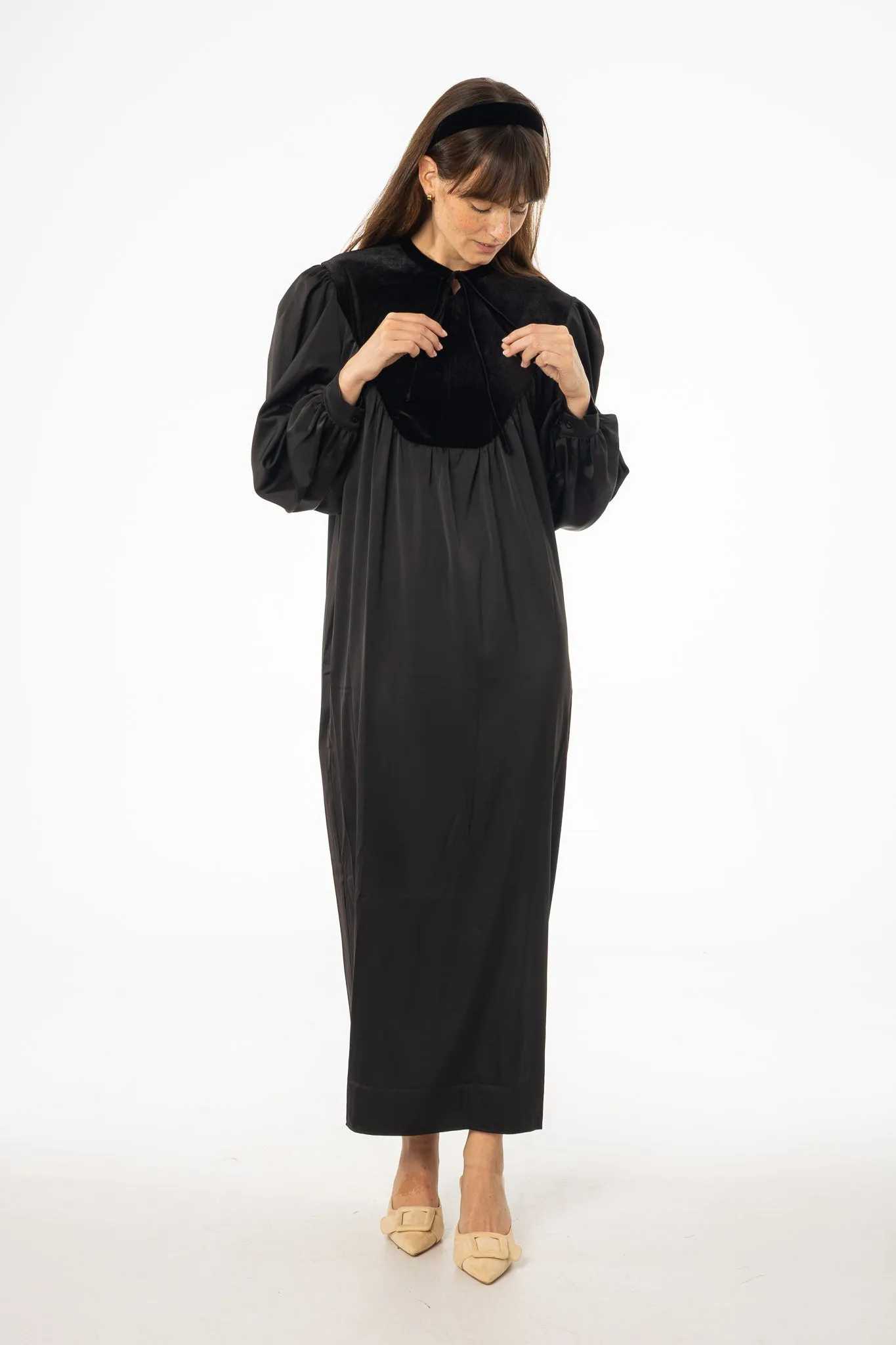 Black Velour Yoke Maxi Dress UltraSoft Texture Wind Block