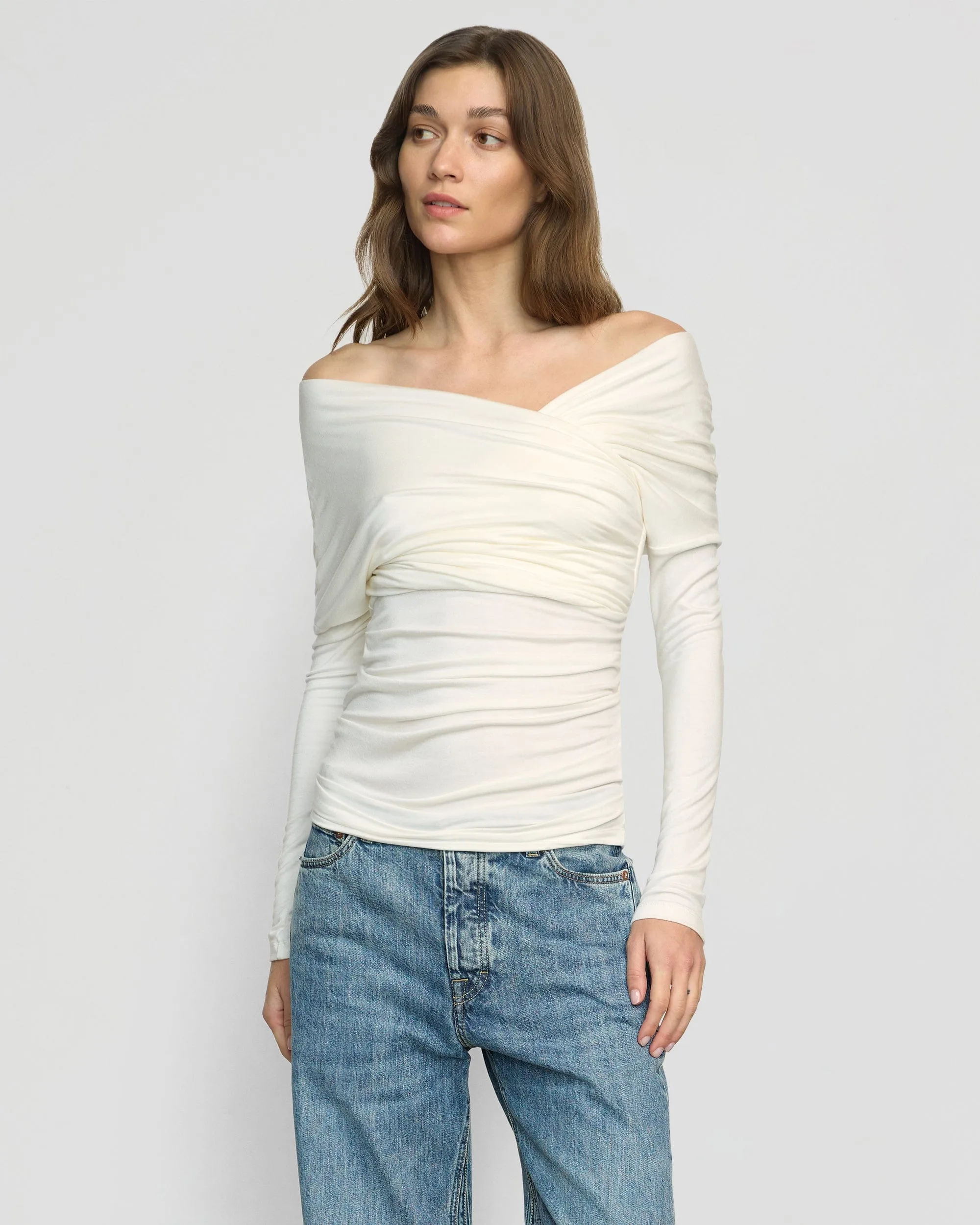 Theresa Ruched Off-Shoulder Long-Sleeve Tee Tight Fit