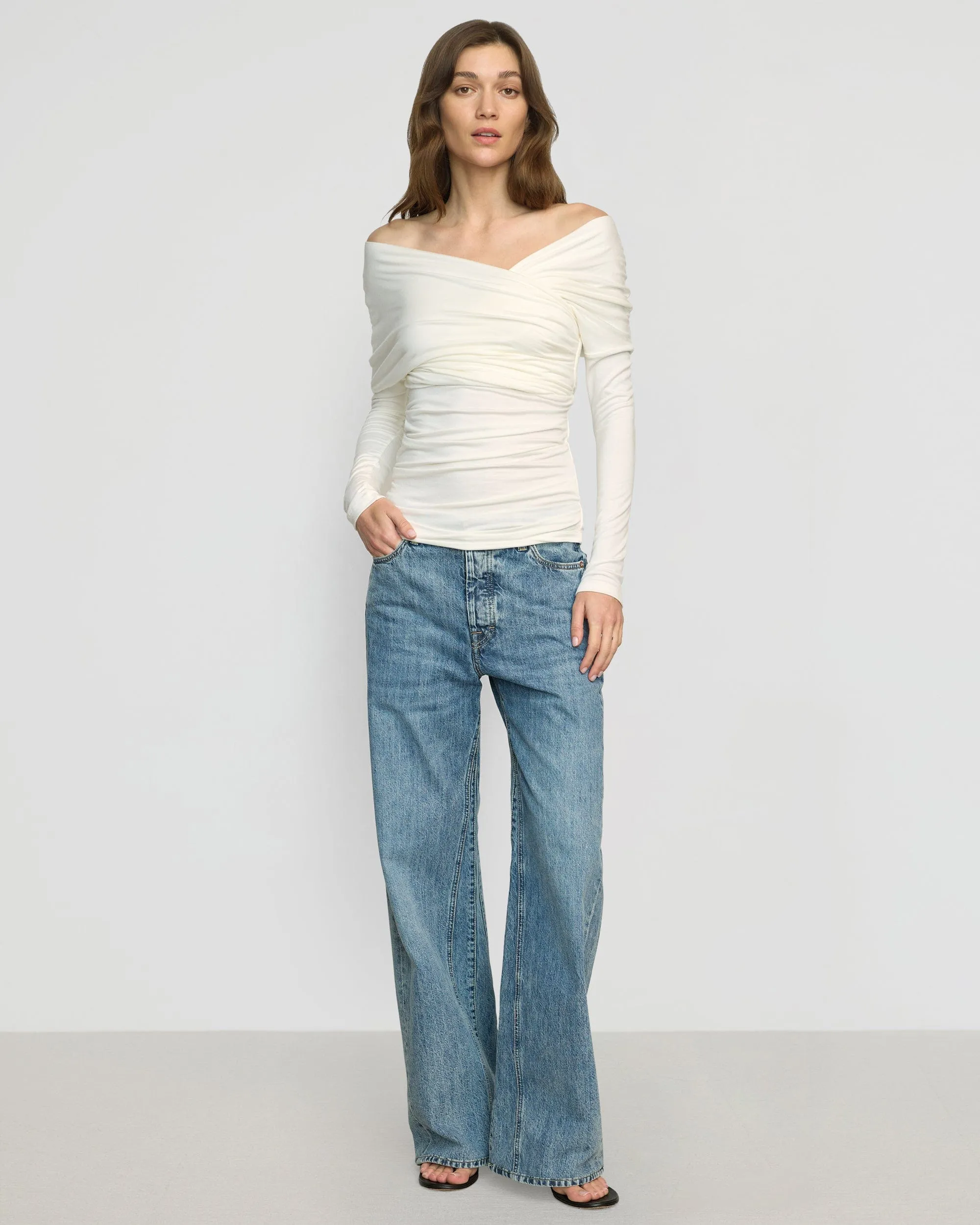Theresa Ruched Off-Shoulder Long-Sleeve Tee Fashion and Comfort Essential Casual