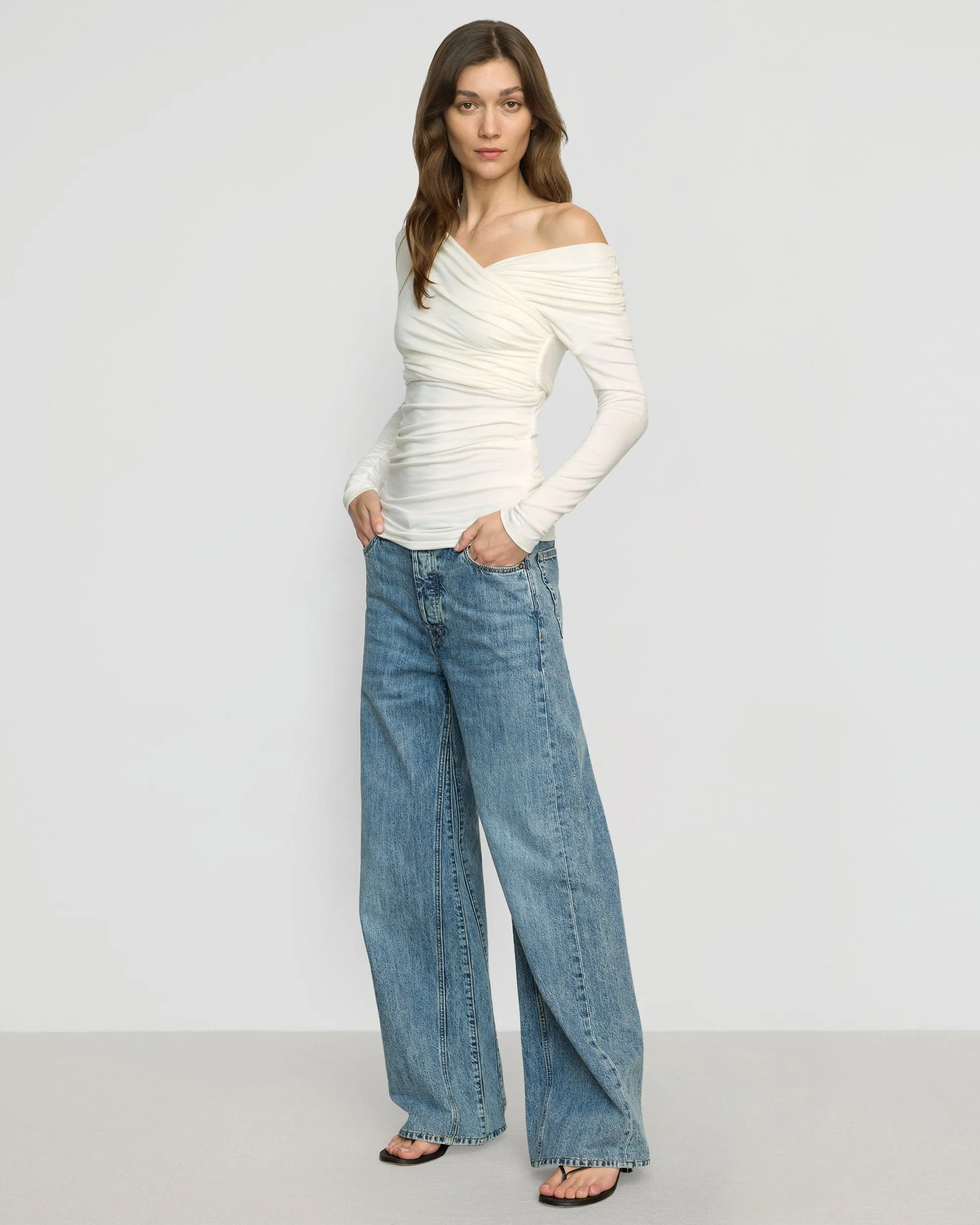 Theresa Ruched Off-Shoulder Long-Sleeve Tee Breathable Fit Everyday Top
