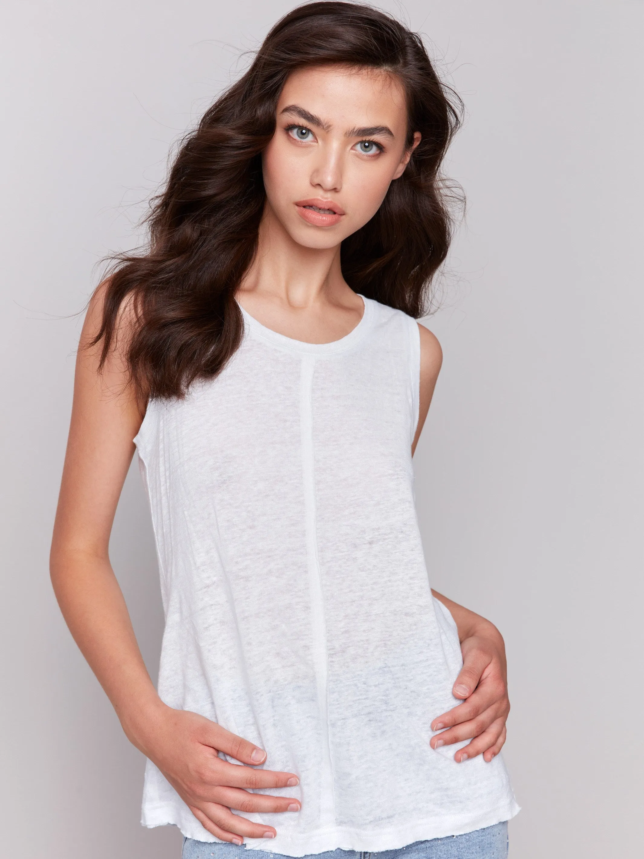 Linen Blend Sleeveless Top - White FadeResistantPrint