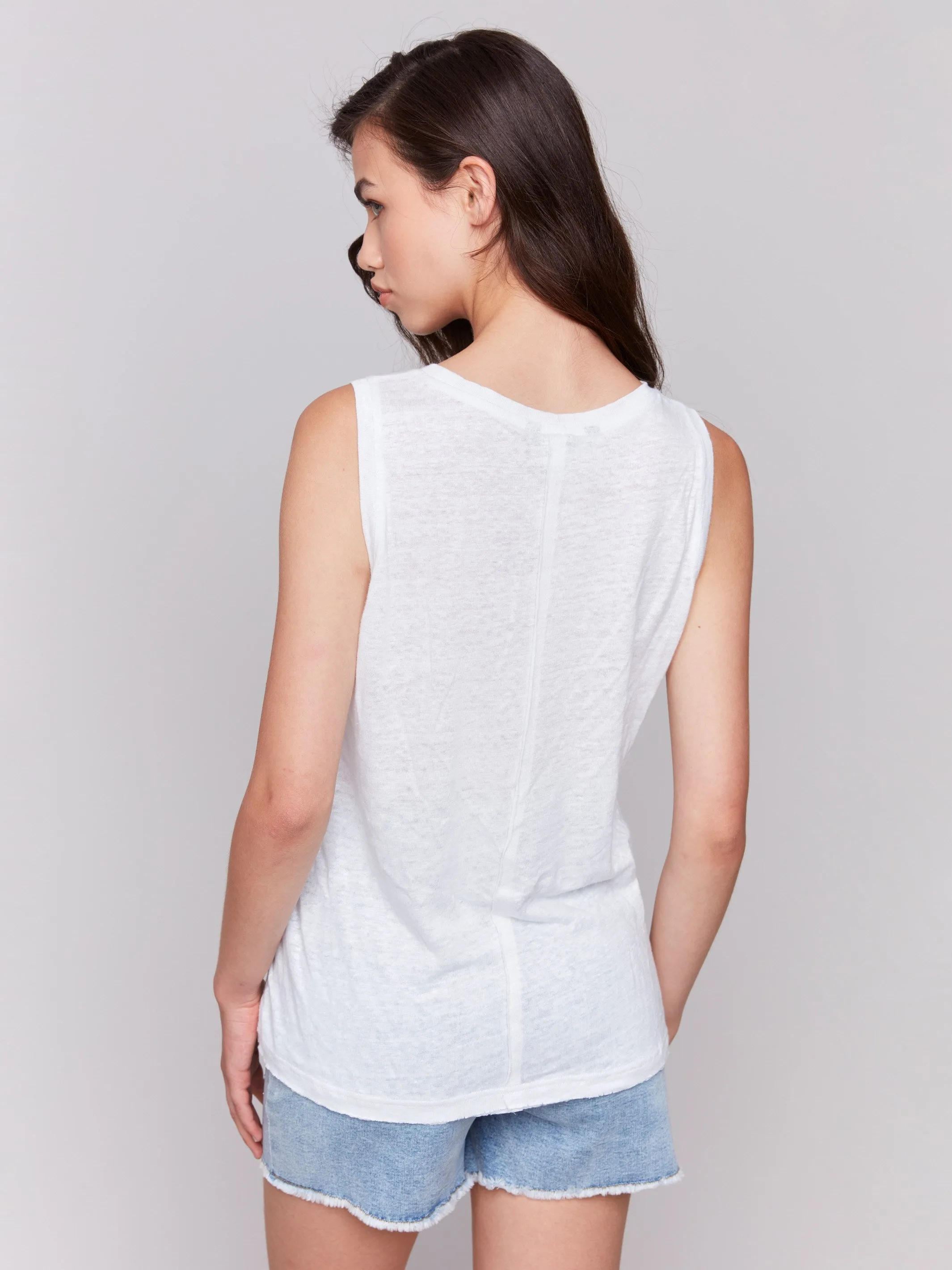 Linen Blend Sleeveless Top - White Modern Casual Casual Chic Wear