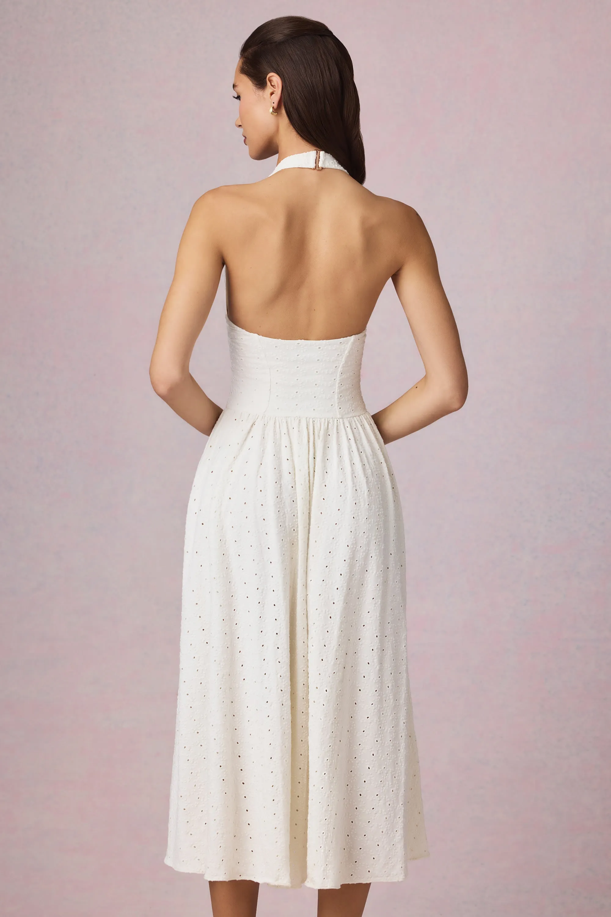 Broderie Anglaise Halterneck Midaxi Dress in White Flexible Fit