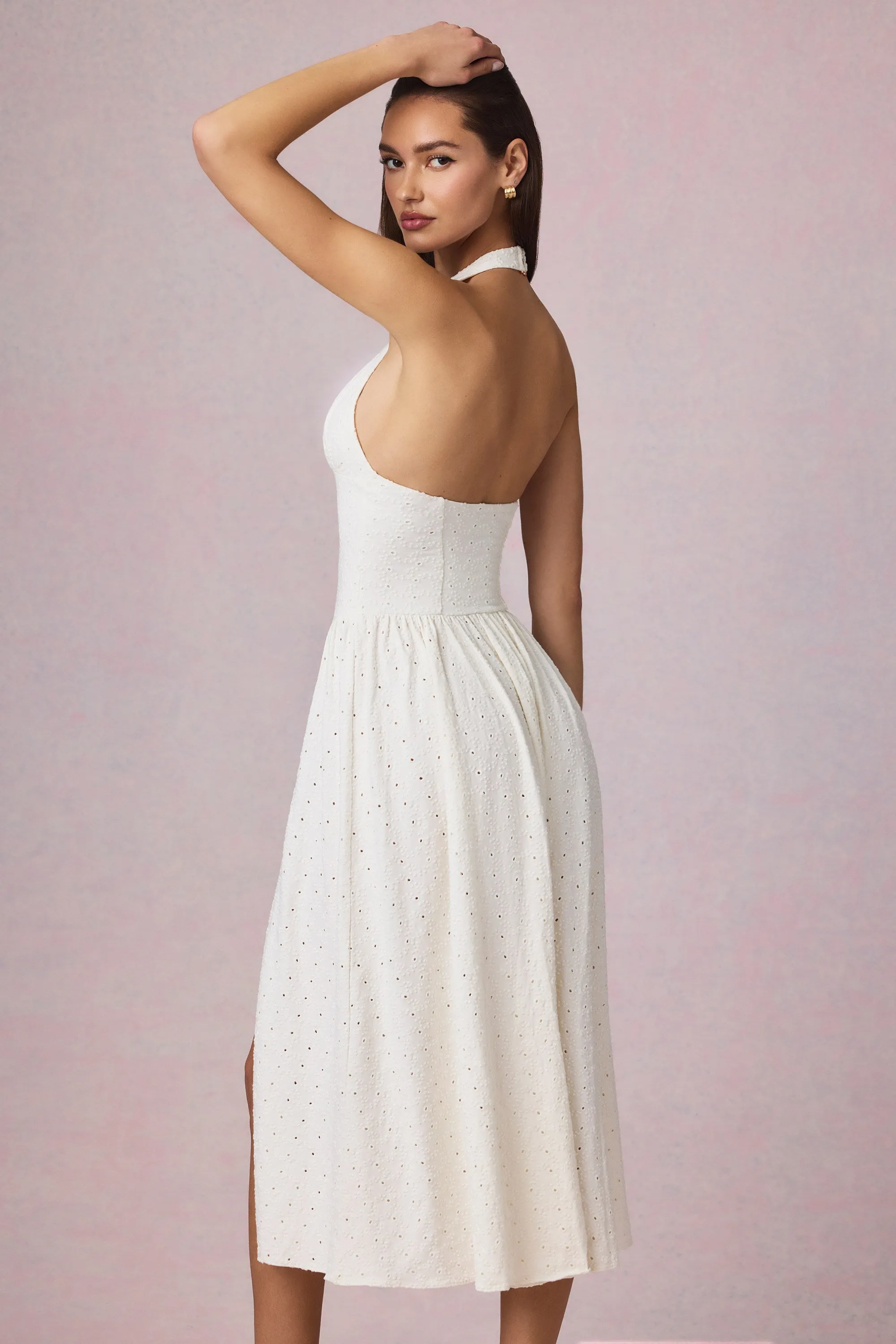 Relaxation Wear Broderie Anglaise Halterneck Midaxi Dress in White