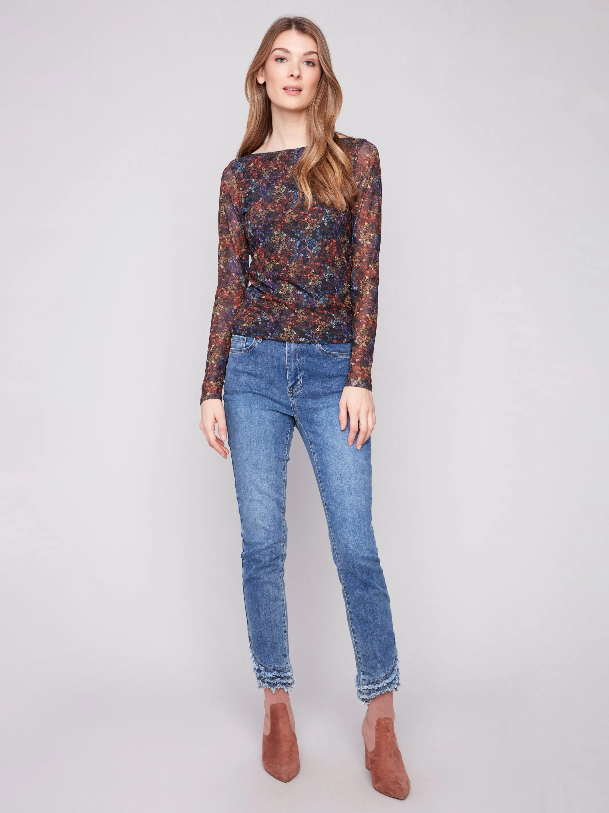 Printed Ruched Mesh Top - Floret Formal Style Essential Fit