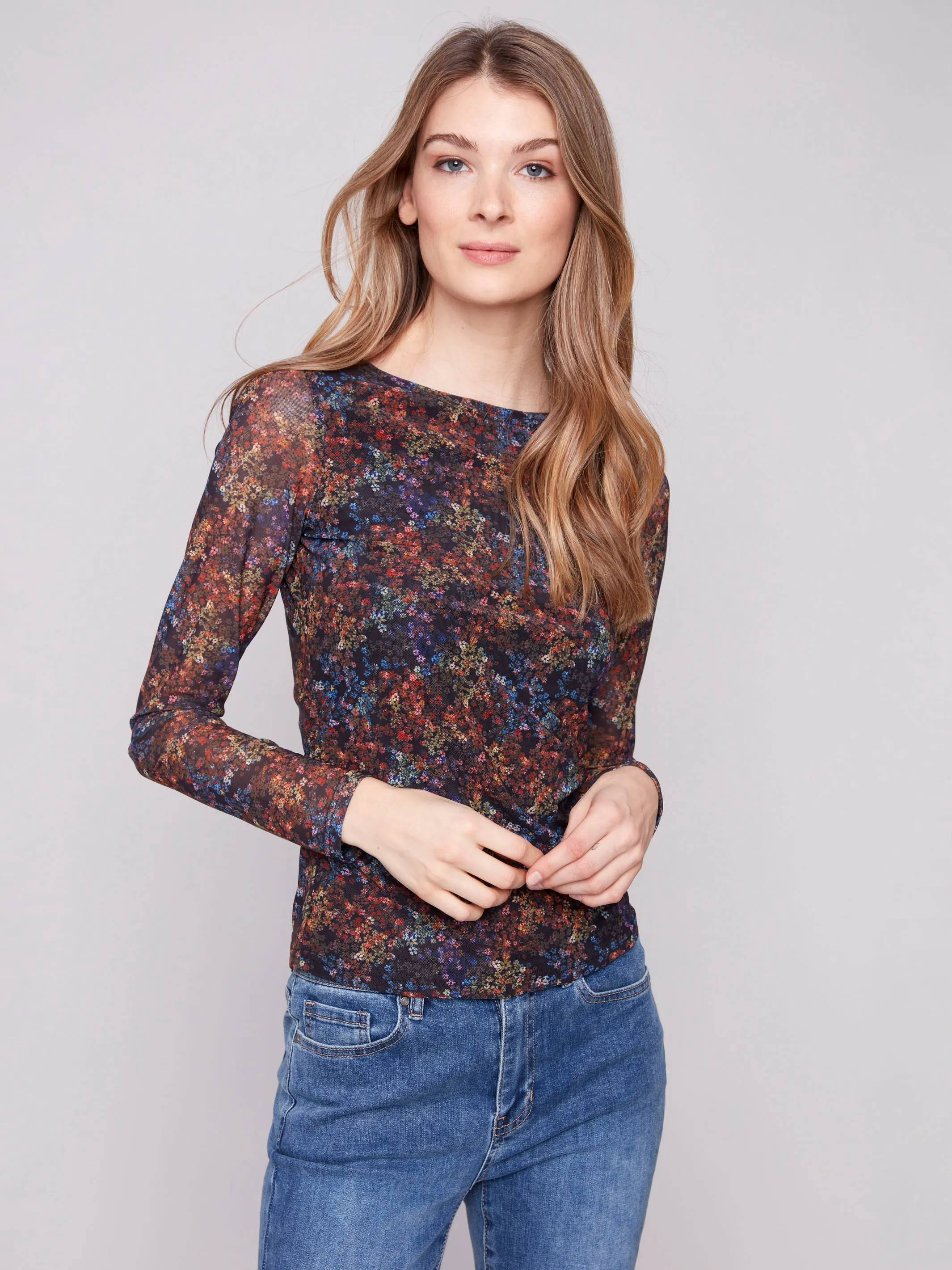 Printed Ruched Mesh Top - Floret TemperatureRegulating Layering Comfort