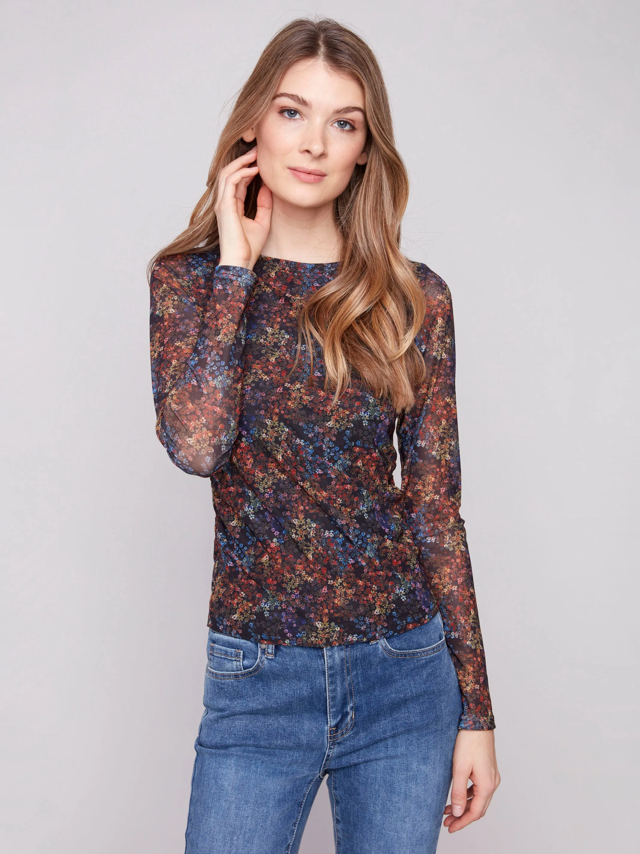 Winter Accessories Strong Edge Printed Ruched Mesh Top - Floret