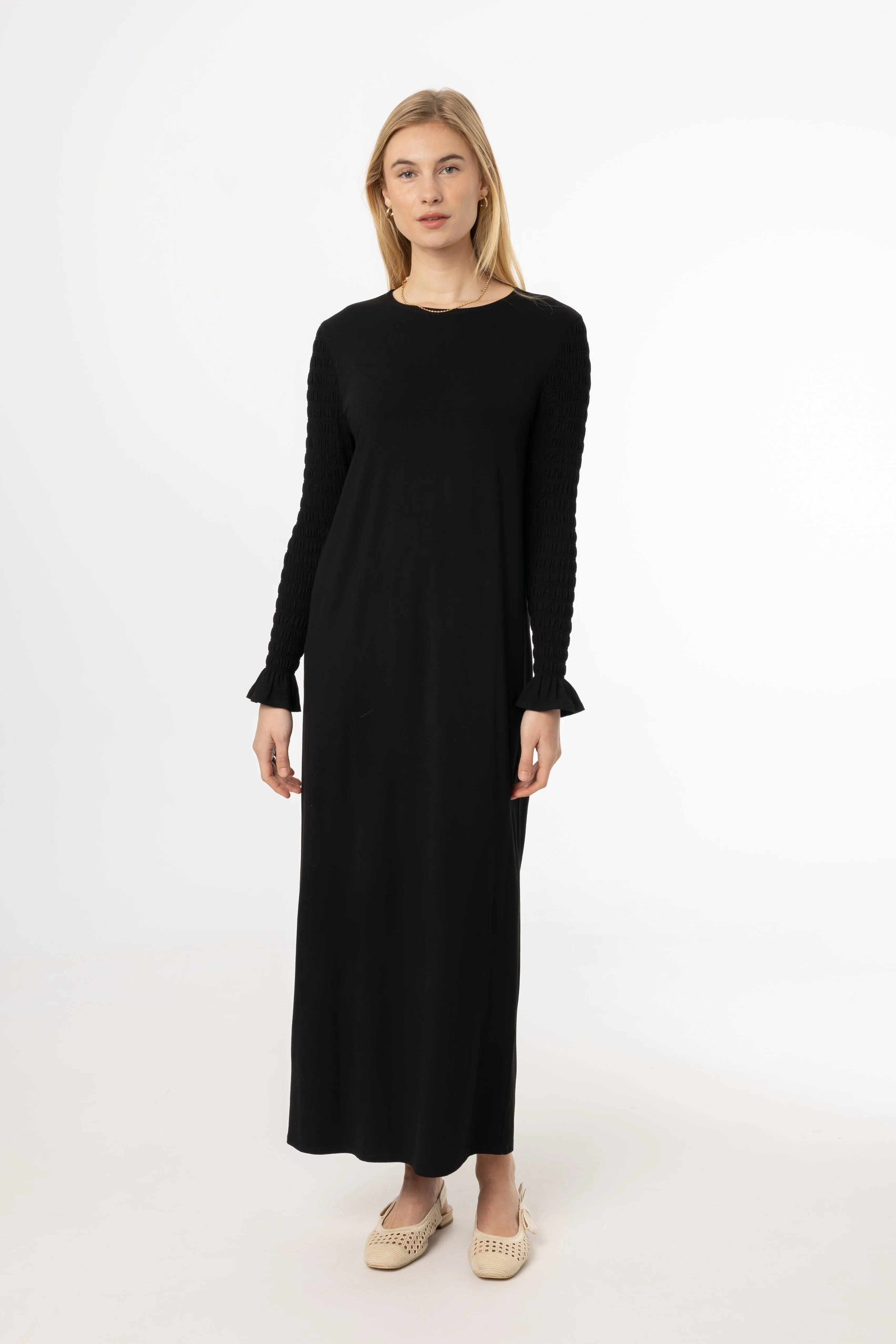 Black Smocked Sleeve Maxi Dress Light Fabric Hot Core