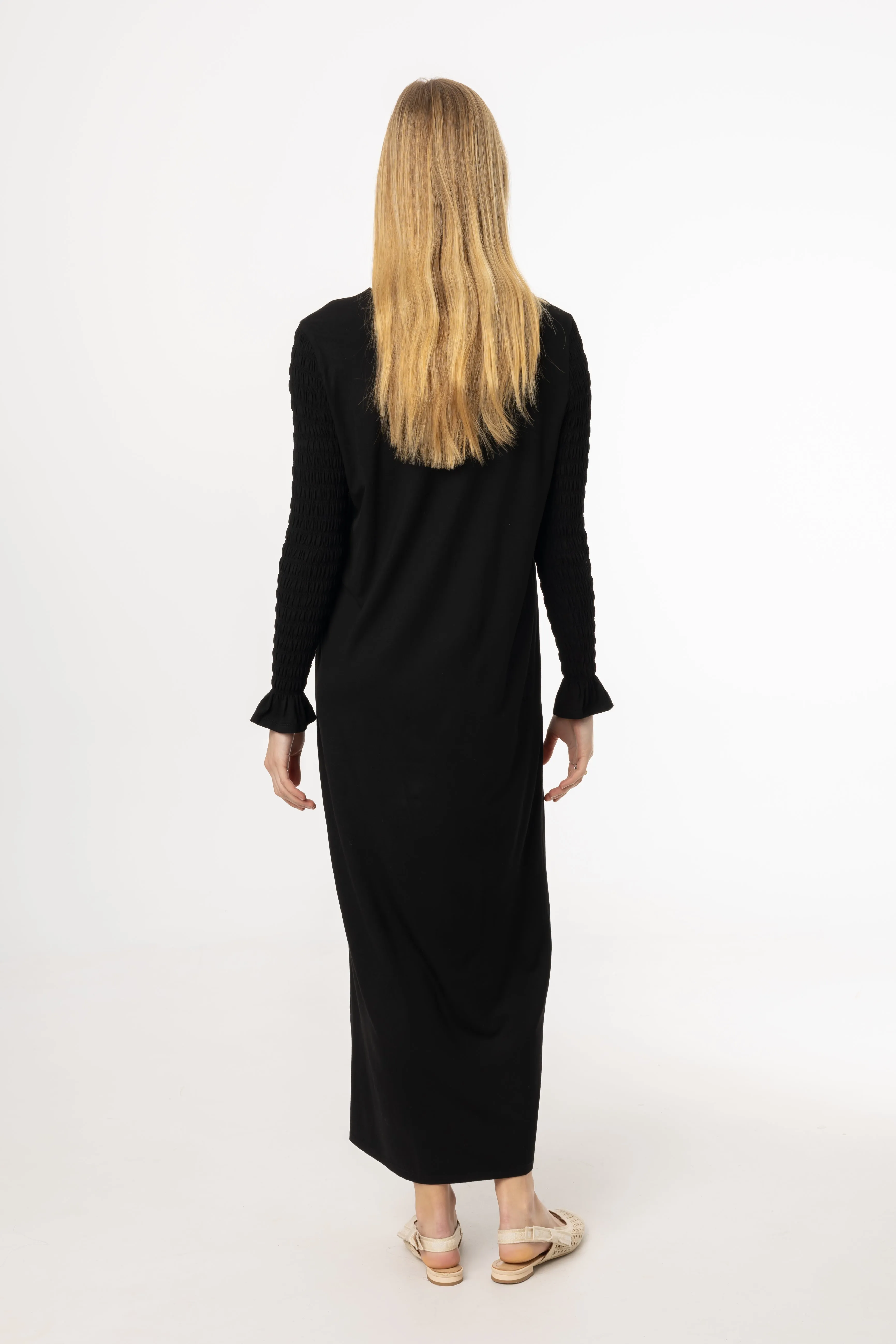 Black Smocked Sleeve Maxi Dress SoftTouchFinish Convertible Style