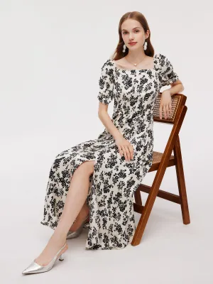 Floral Print Side Slit Women Smocked Back Maxi Dress AntiPilling Fabric Light Layer