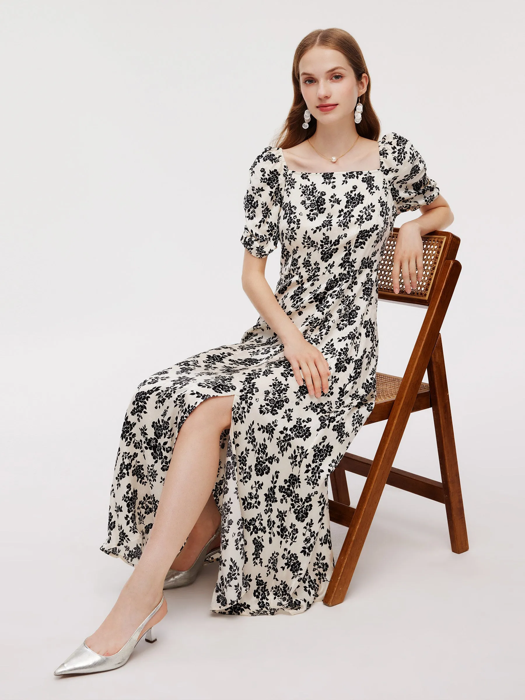 Strong Glow Floral Print Side Slit Women Smocked Back Maxi Dress