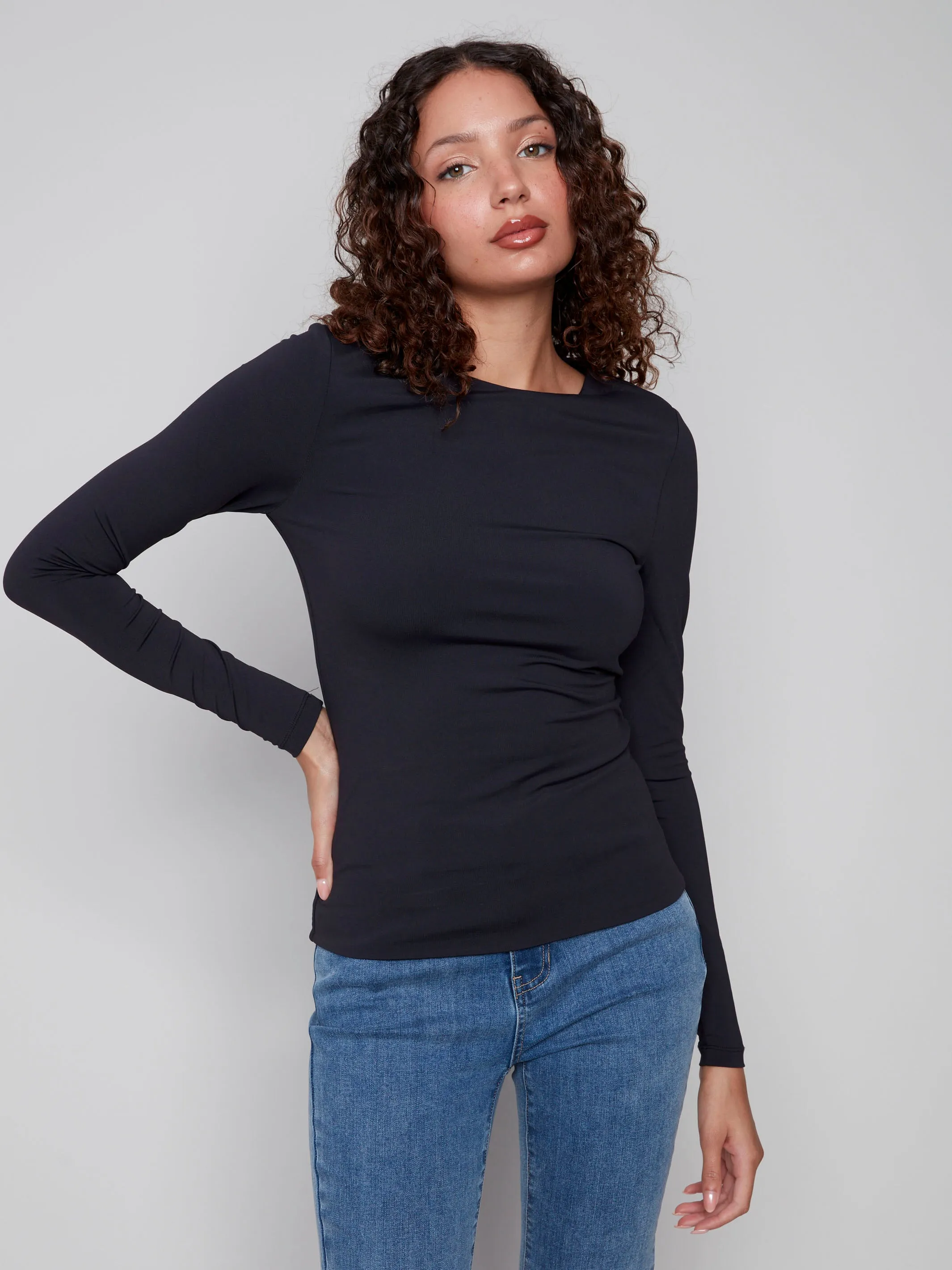 Long Sleeve Super Stretch Top - Black Casual Chic