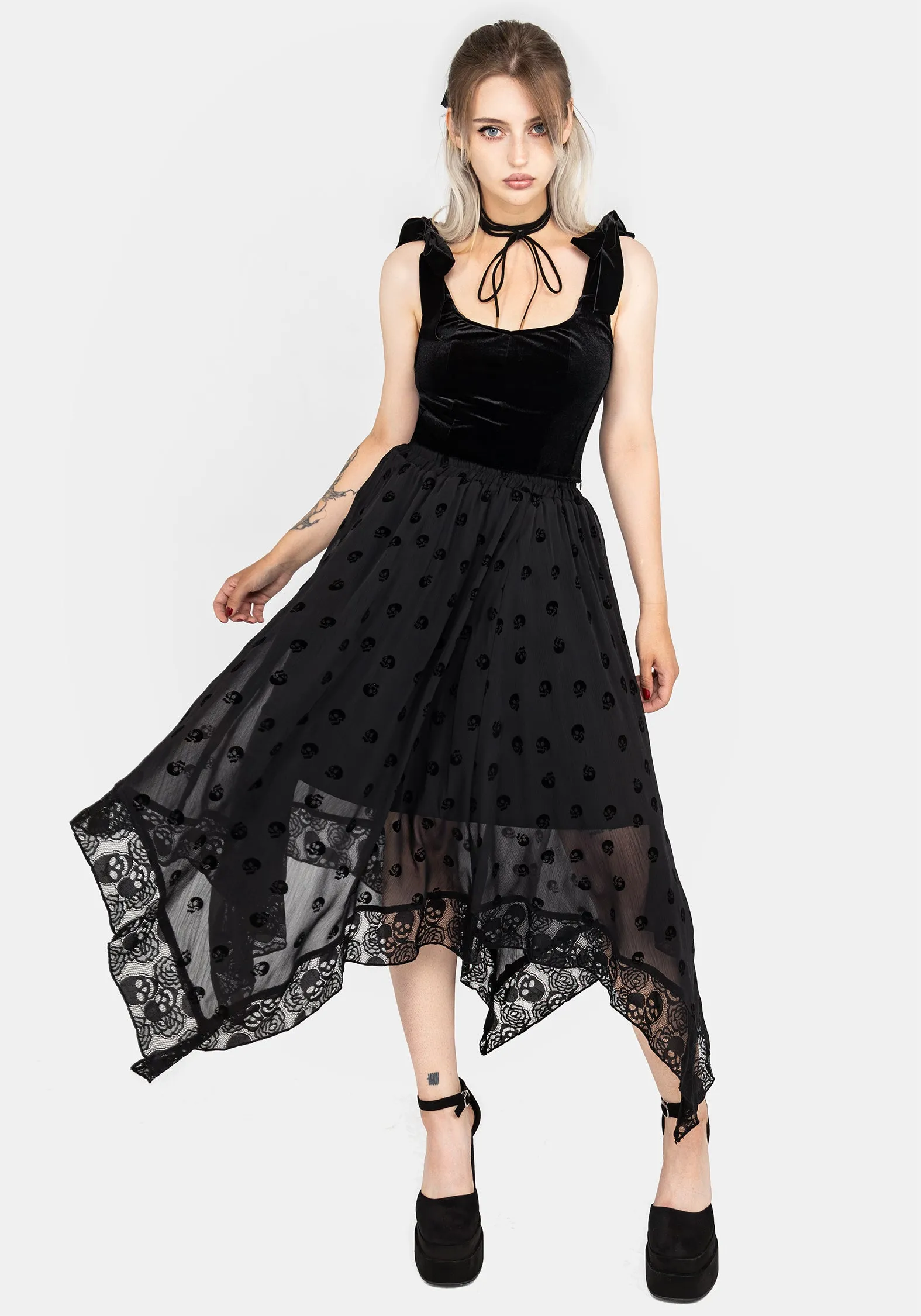 Bones Flocked Chiffon Handkerchief Hem Skirt muted tone