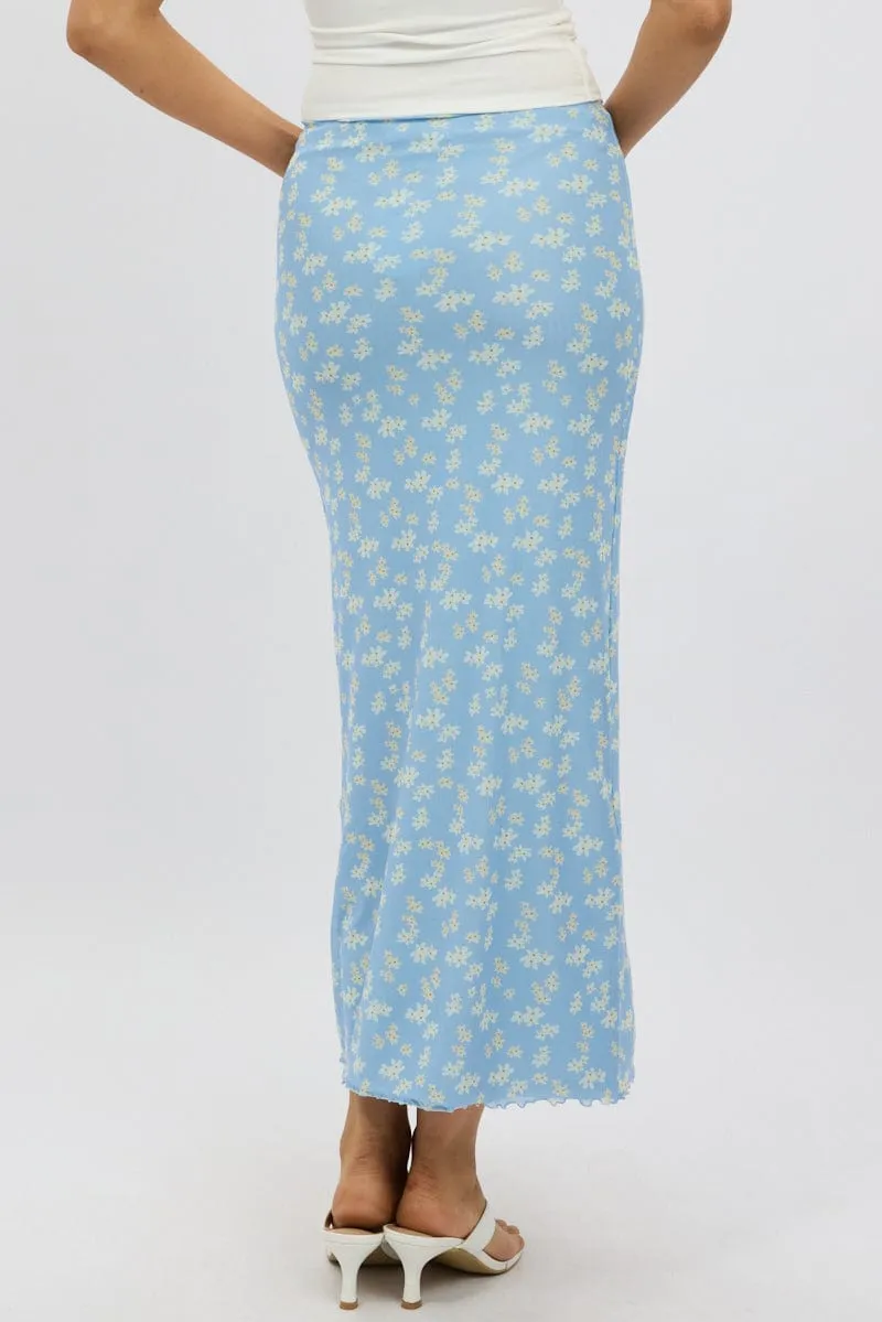 Midi length Blue Ditsy Maxi Skirt Elastic Waist Mesh Lined