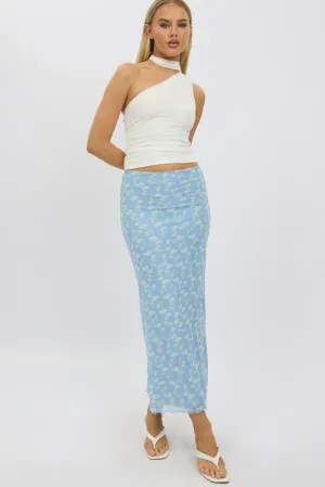 Flexible Waistband Timeless Wear Blue Ditsy Maxi Skirt Elastic Waist Mesh Lined