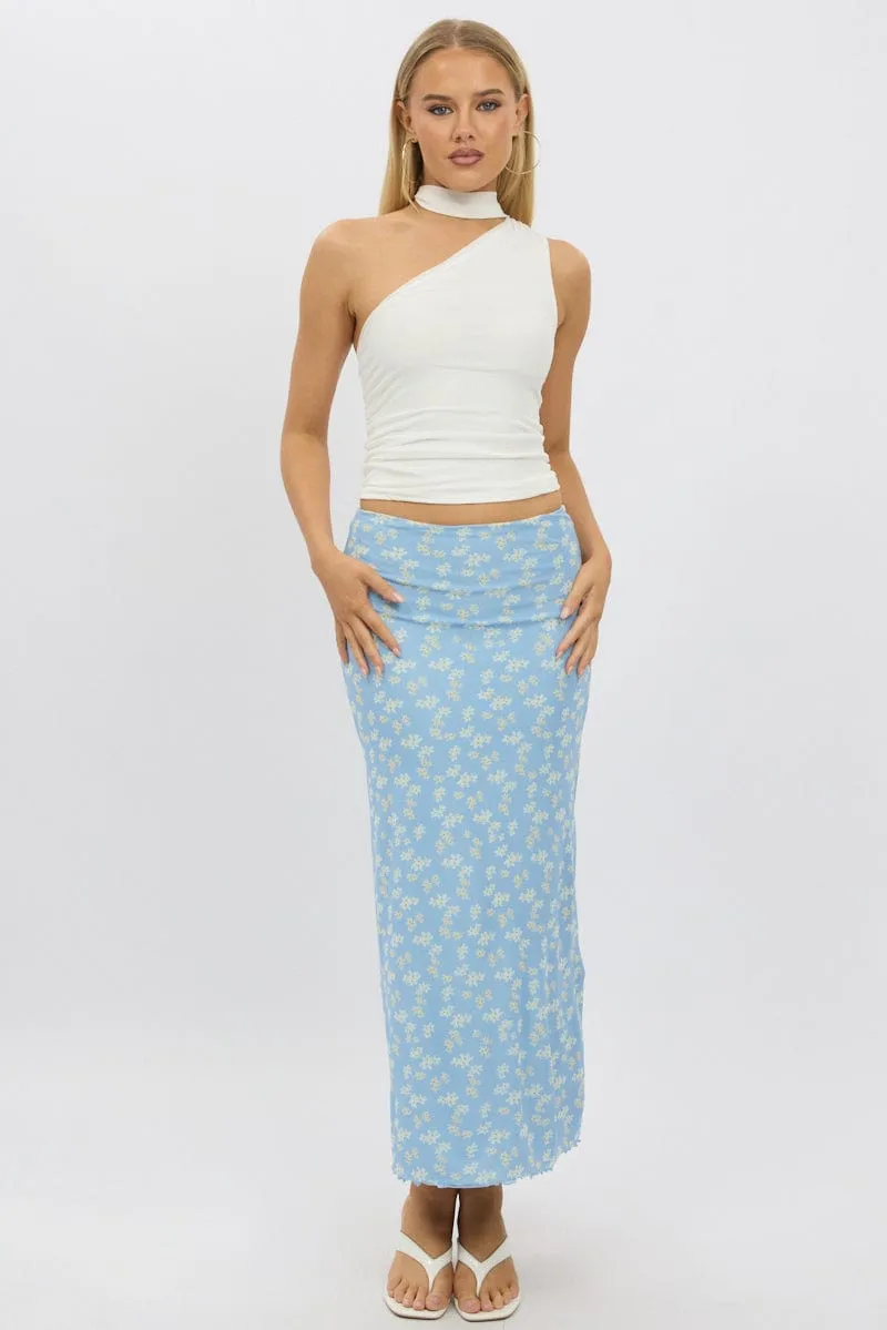 Blue Ditsy Maxi Skirt Elastic Waist Mesh Lined Neutral Look
