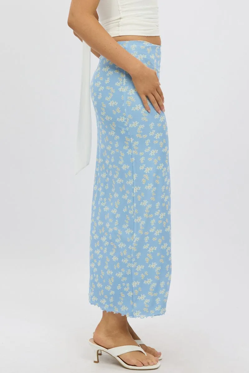 Blue Ditsy Maxi Skirt Elastic Waist Mesh Lined Warm Insulation