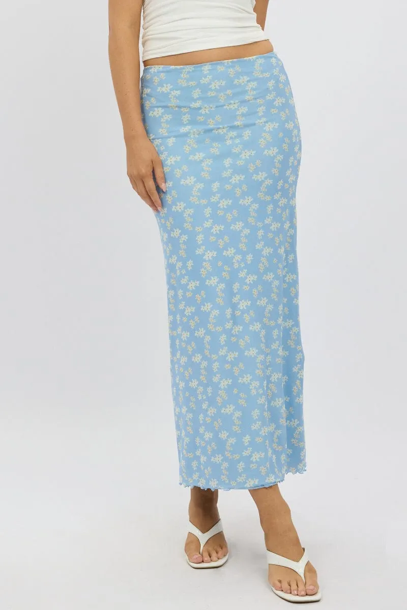 Blue Ditsy Maxi Skirt Elastic Waist Mesh Lined Wrinkle Resistant Finish