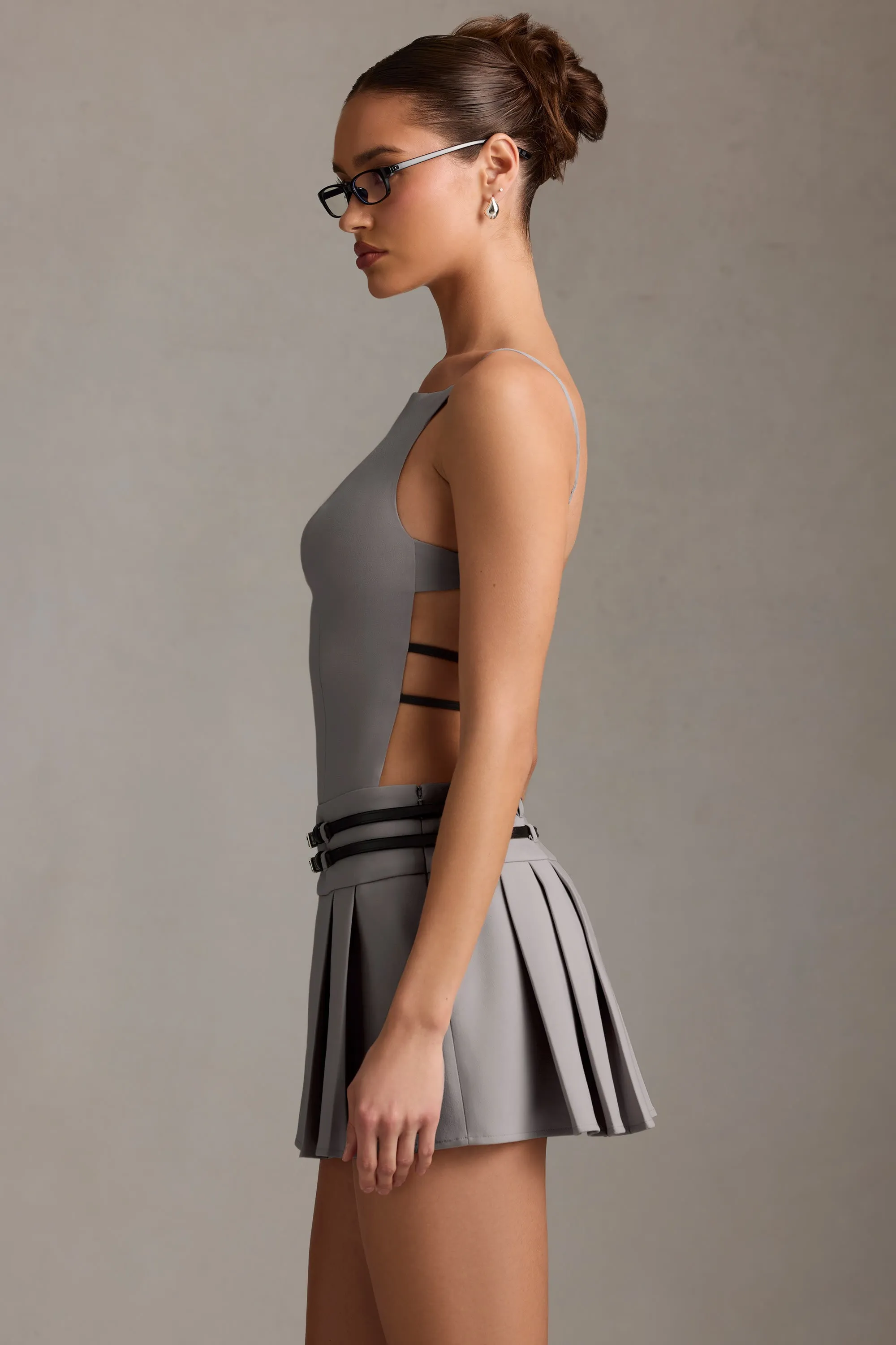 Belted Backless Pleated Mini Dress in Grey City Scene