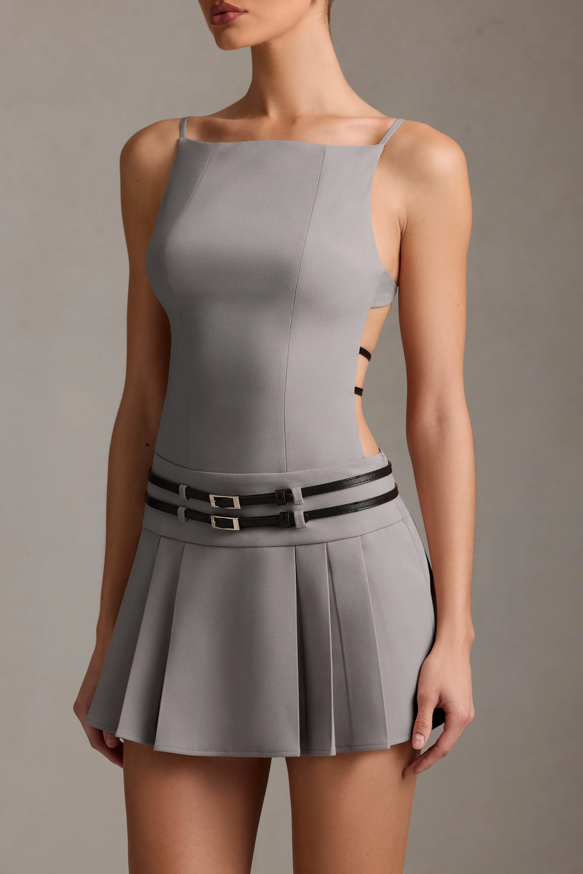 Belted Backless Pleated Mini Dress in Grey Spice Core