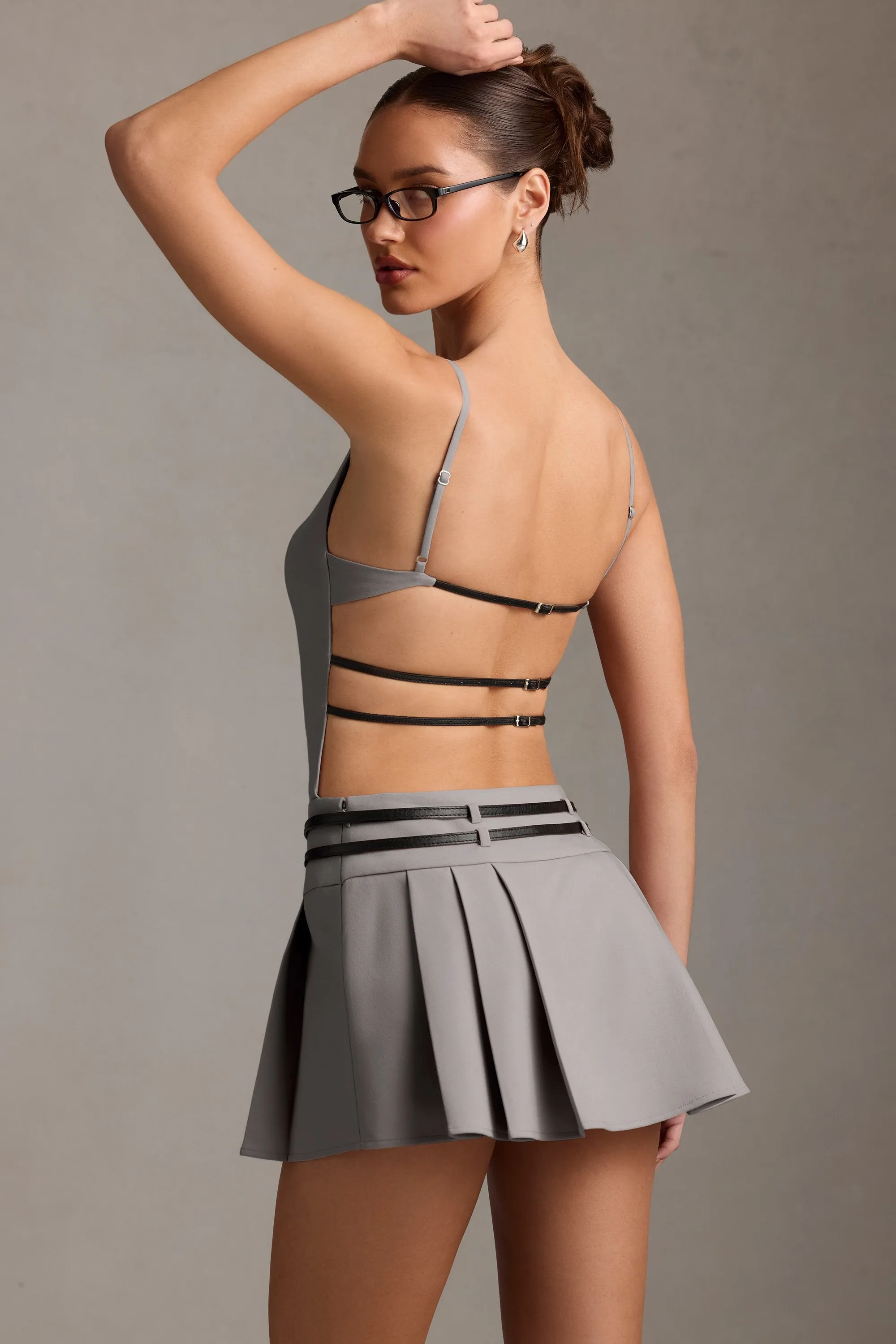Belted Backless Pleated Mini Dress in Grey Trendy Charm
