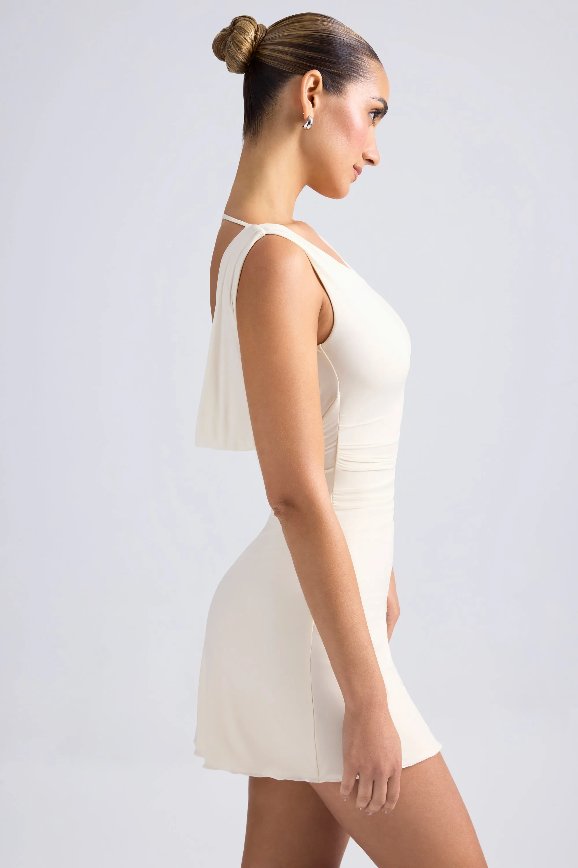 Off-Shoulder Cowl-Back A-Line Mini Dress in Ivory Floral Prints Wear Casual Wear