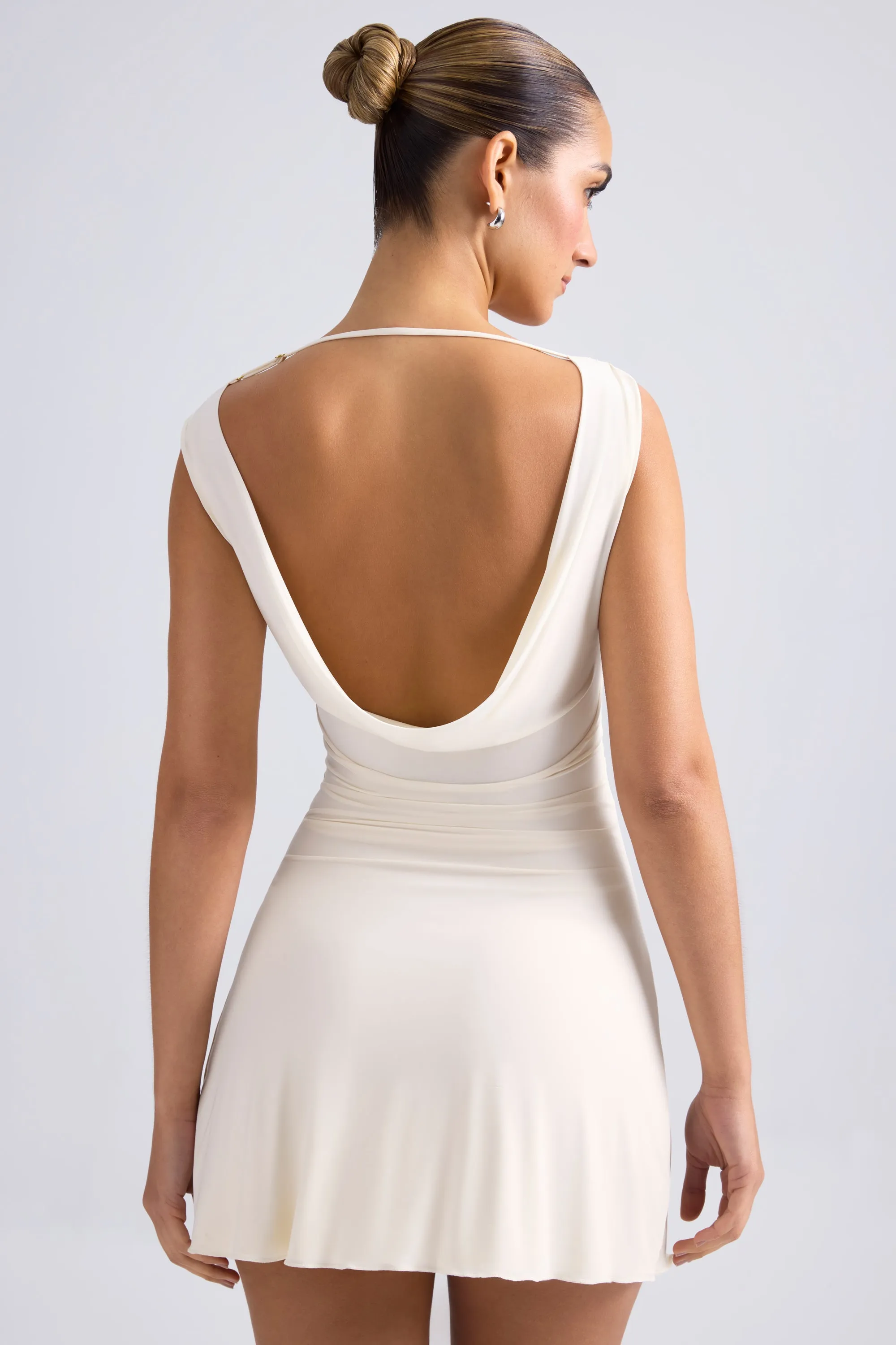 Off-Shoulder Cowl-Back A-Line Mini Dress in Ivory Bold Beauty
