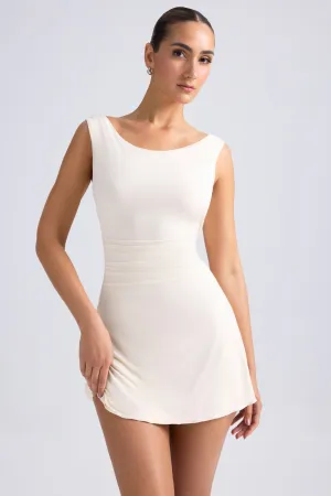 Off-Shoulder Cowl-Back A-Line Mini Dress in Ivory Cozy Fit Style Flash Mode