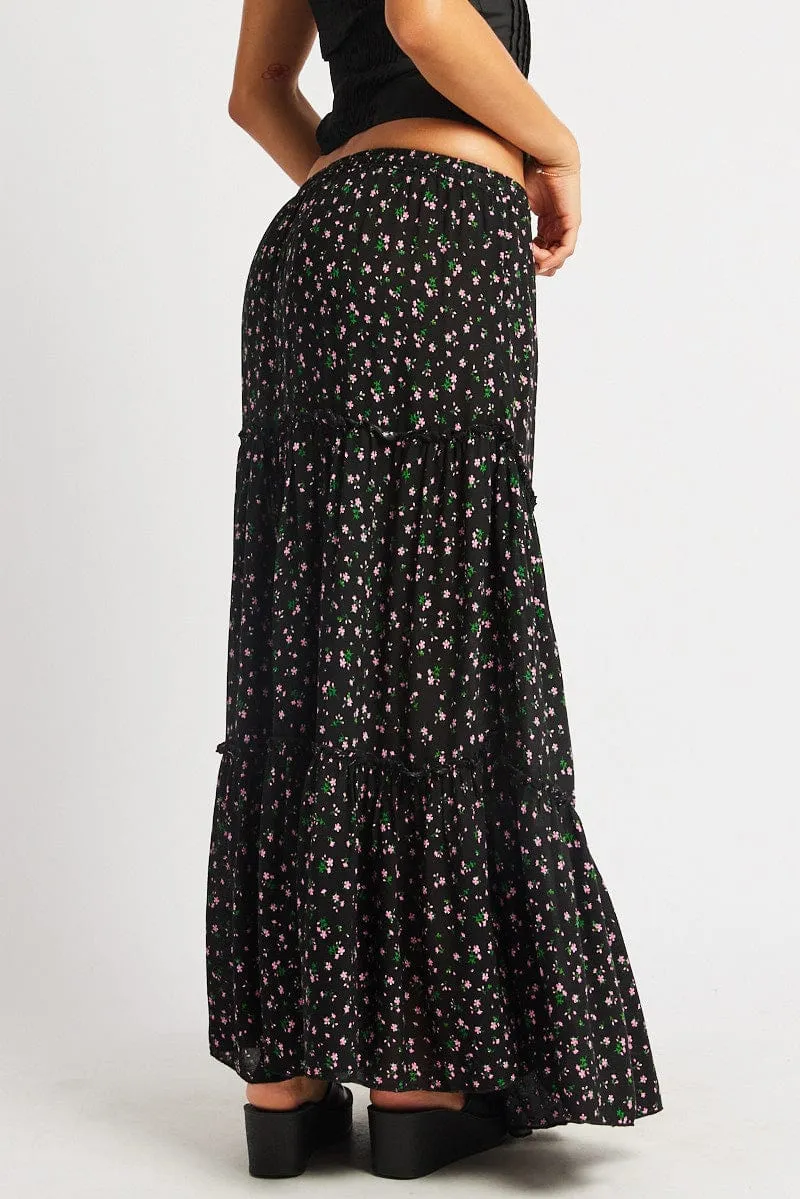Black Ditsy Maxi Skirt Tiered High Rise Elastic Waistband High low hem