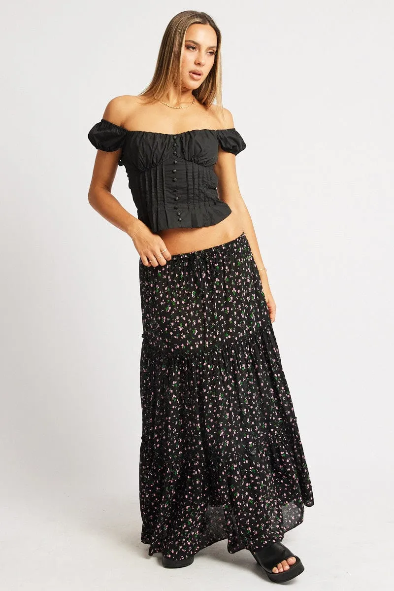 Black Ditsy Maxi Skirt Tiered High Rise Elastic Waistband Mood Dressing Button Details