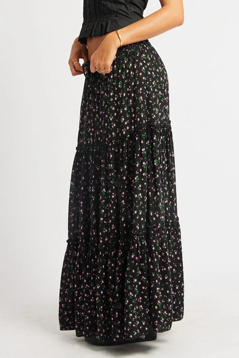 Affordable Fashion Classic Fit Black Ditsy Maxi Skirt Tiered High Rise Elastic Waistband