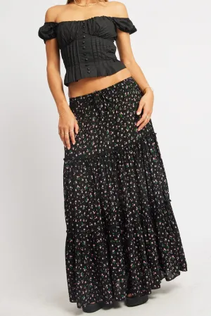 Black Ditsy Maxi Skirt Tiered High Rise Elastic Waistband Limited Edition