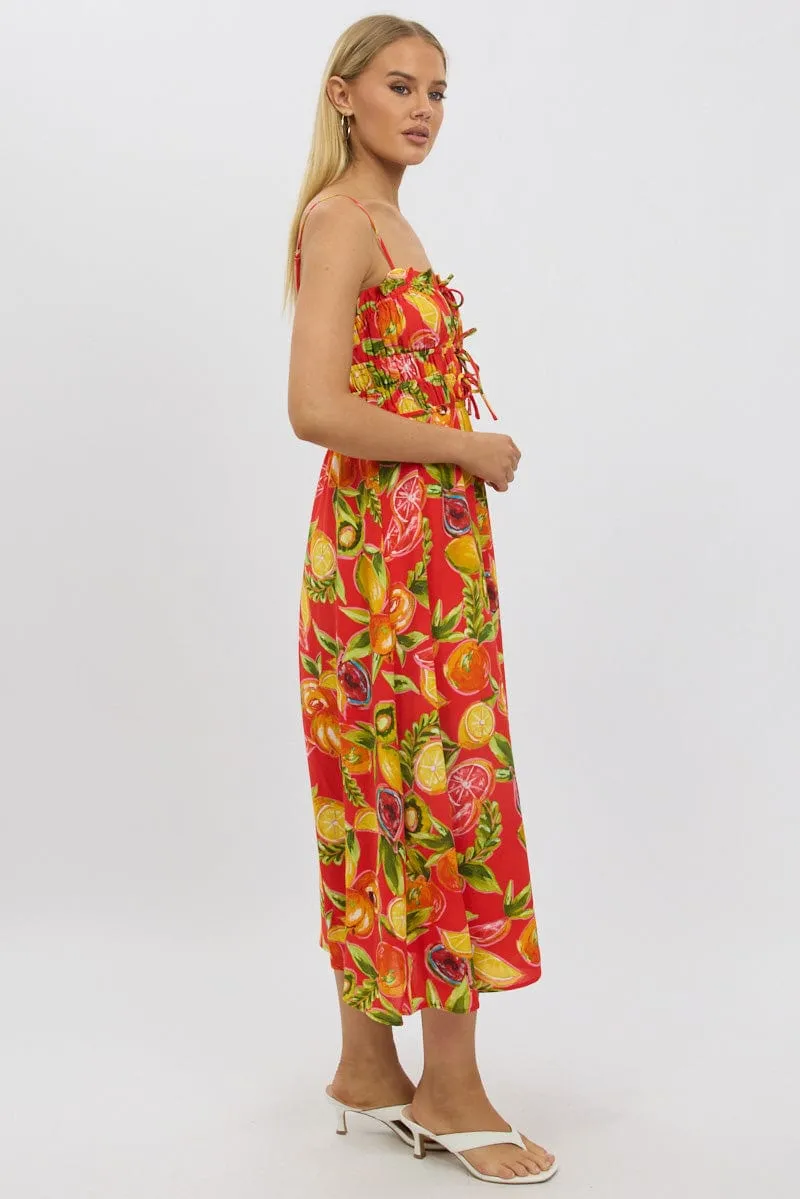 Red Abstract Midi Dress Ribbon Detail Strappy pack light