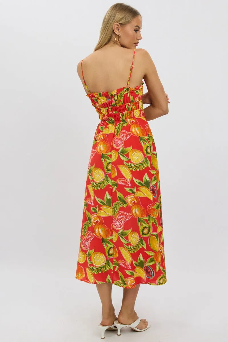 Friend Wedding Train Gate Red Abstract Midi Dress Ribbon Detail Strappy