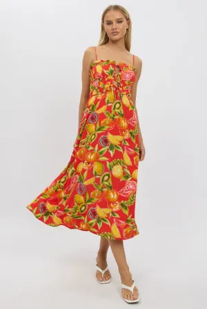 Feast Table Red Abstract Midi Dress Ribbon Detail Strappy