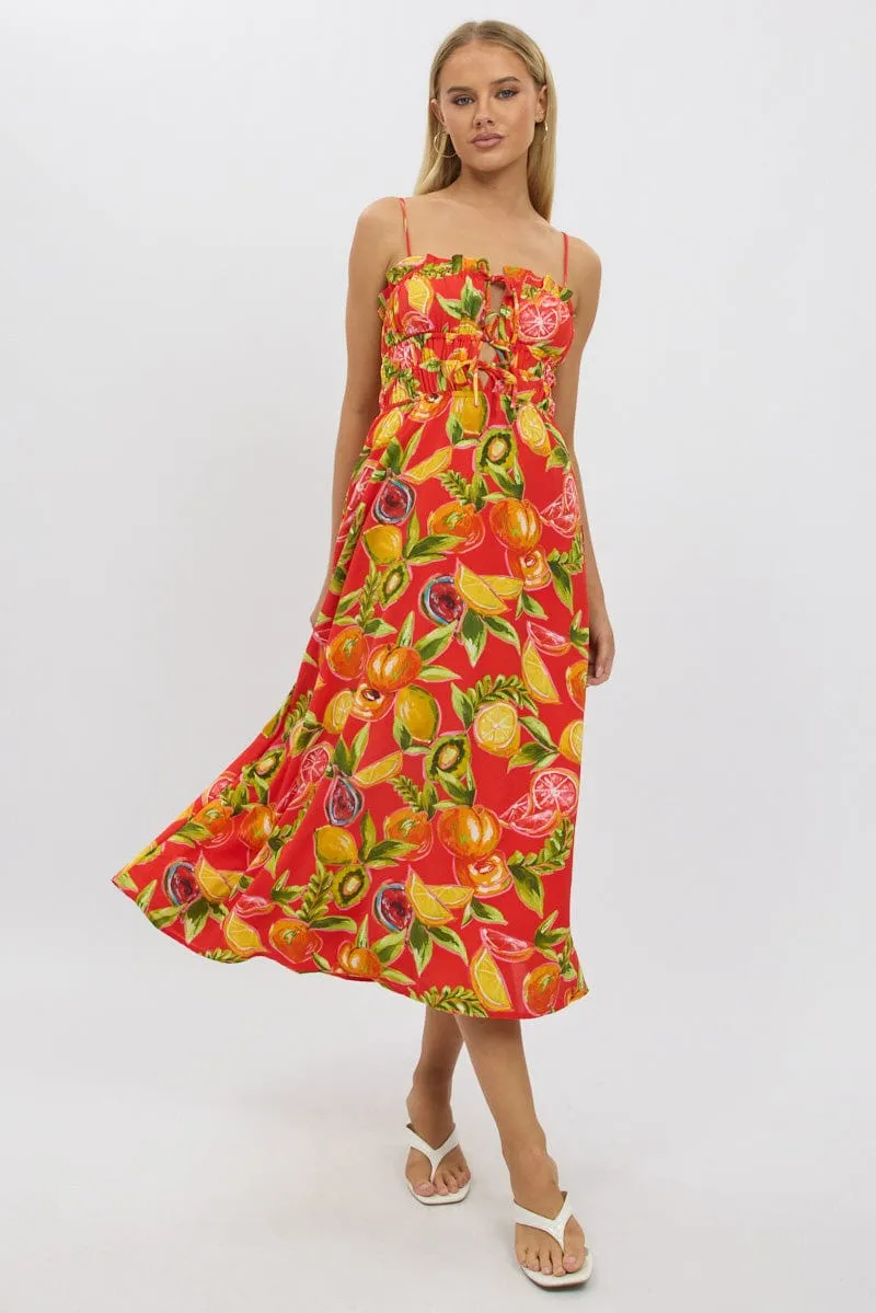 Feast Table Red Abstract Midi Dress Ribbon Detail Strappy