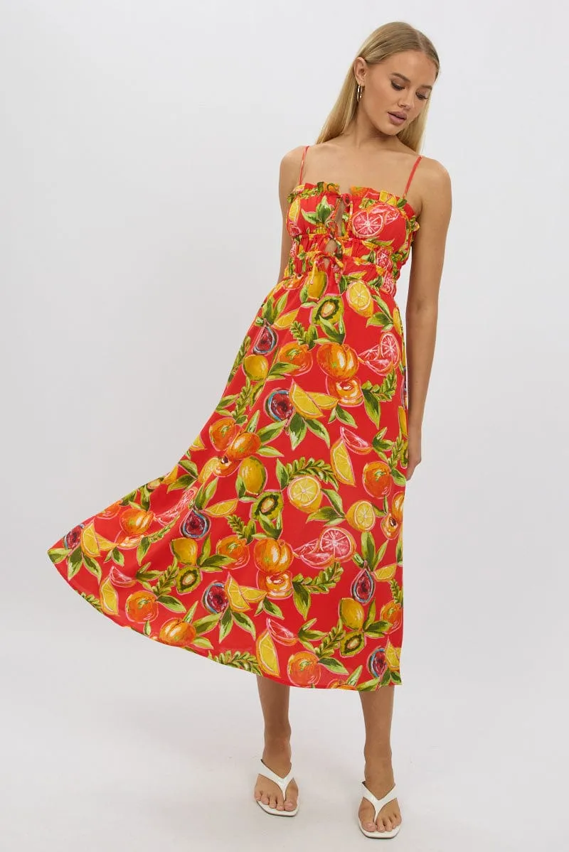 Lounge Mood Elegant knee-length dress Red Abstract Midi Dress Ribbon Detail Strappy