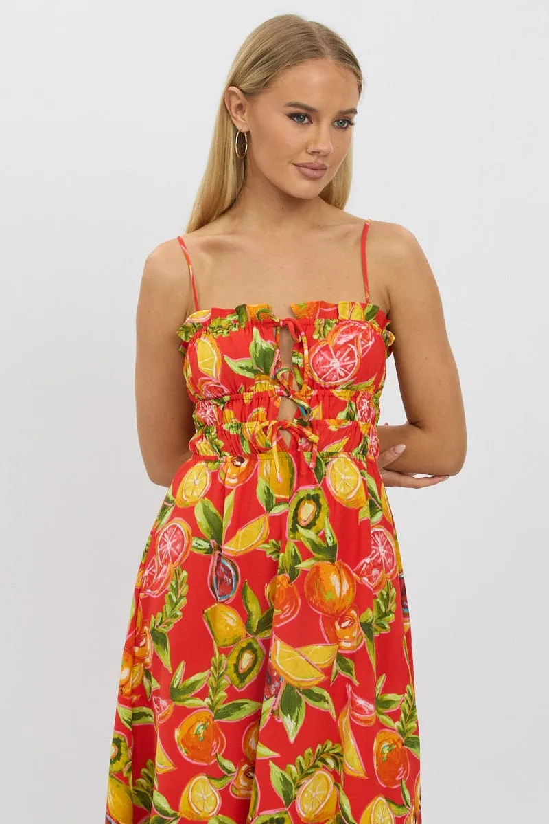Red Abstract Midi Dress Ribbon Detail Strappy Contemporary Style Effortless Wear