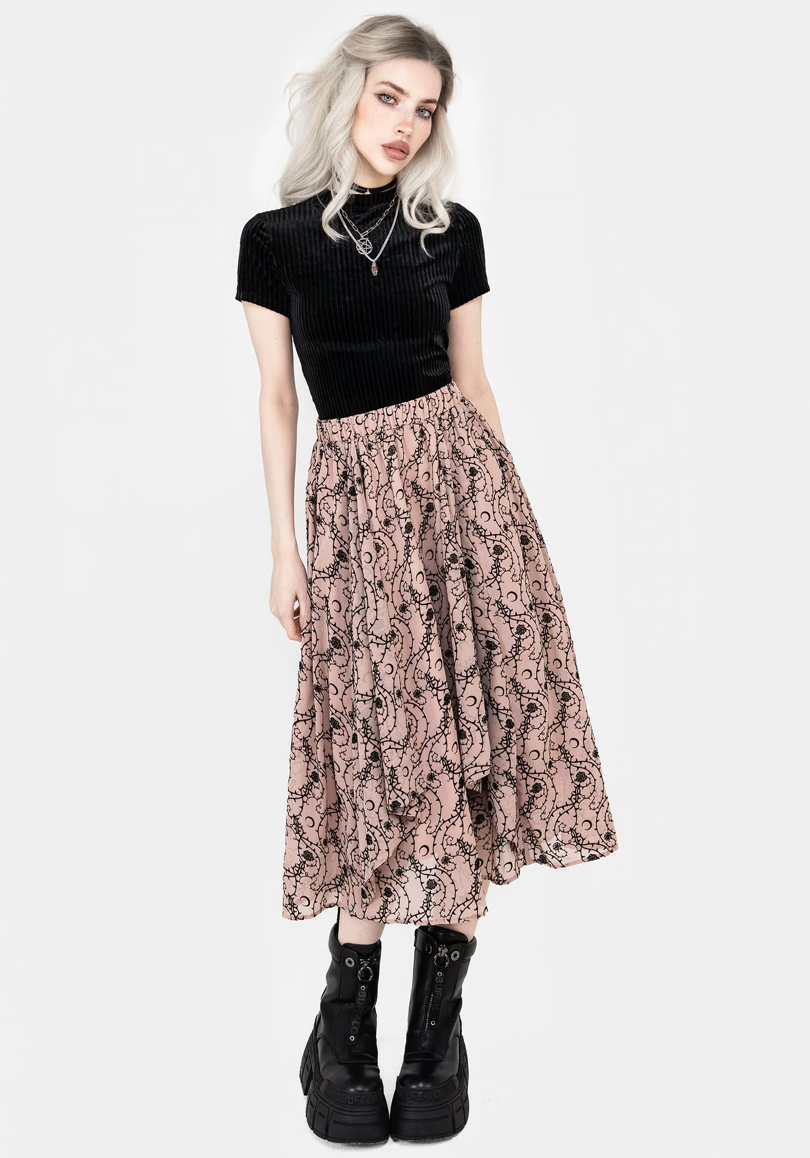 Rosethorn Ruffle Midi Skirt Visual Outfit Silicone Grip Trim