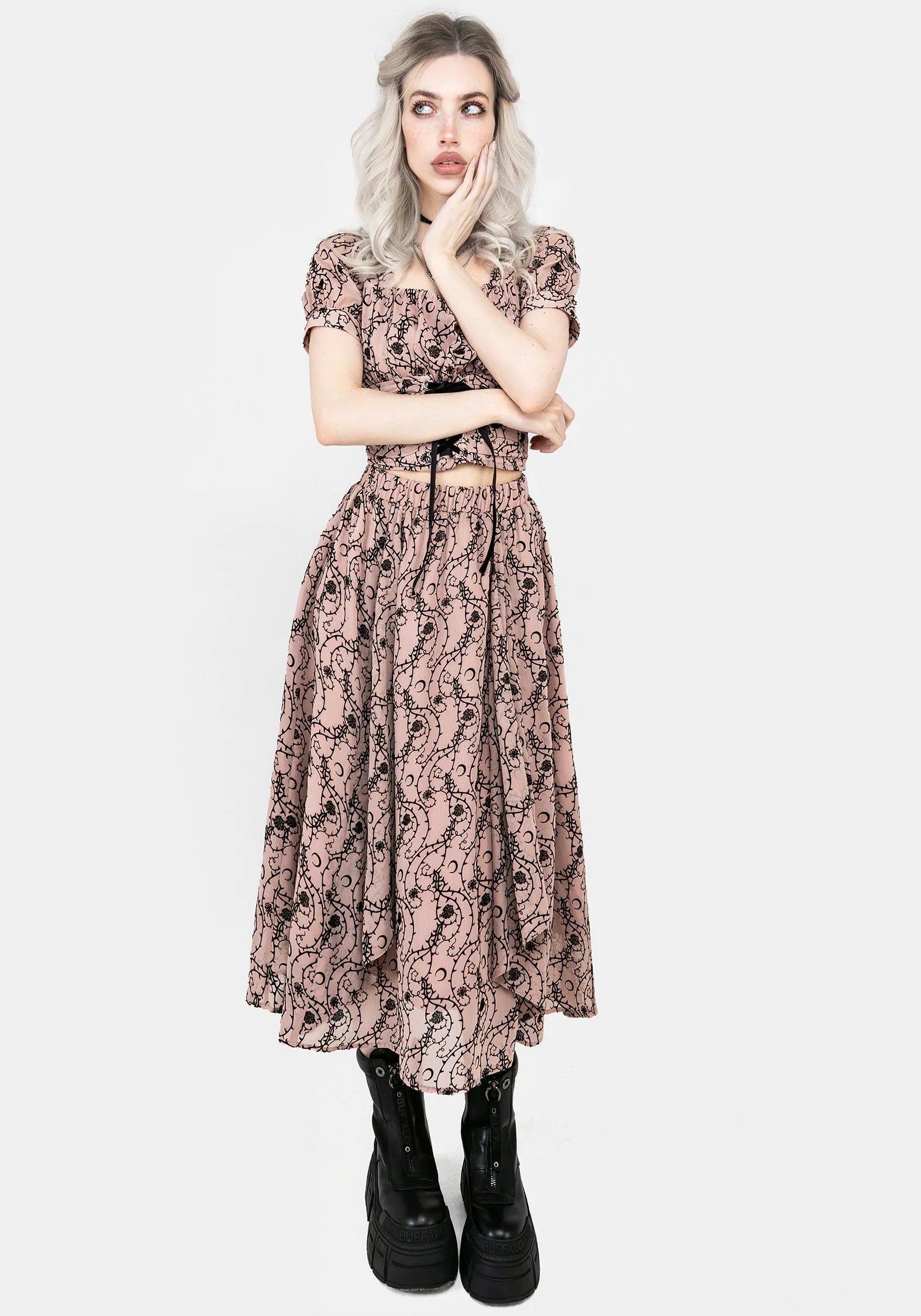 Rosethorn Ruffle Midi Skirt Flat Lay Collar Comfortable Motion