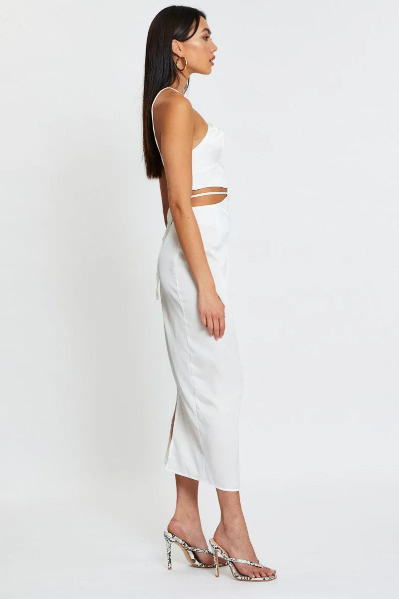 White Slip Skirt Maxi Satin Minimal Look Pull On Style