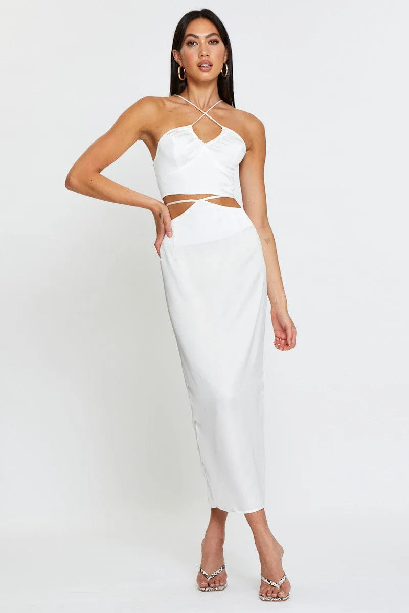 White Slip Skirt Maxi Satin Elevated Casual Non Restrictive Fit