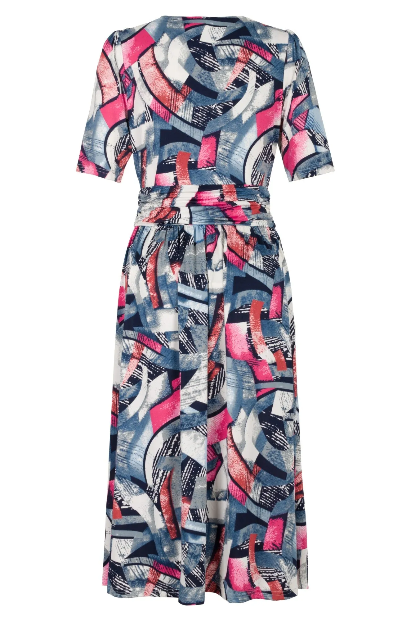 V neck Midi Dress with rouch waist | BLUE PINK ABSTRACT | 0022A1 HygroscopicFiber Comfortable Outfit
