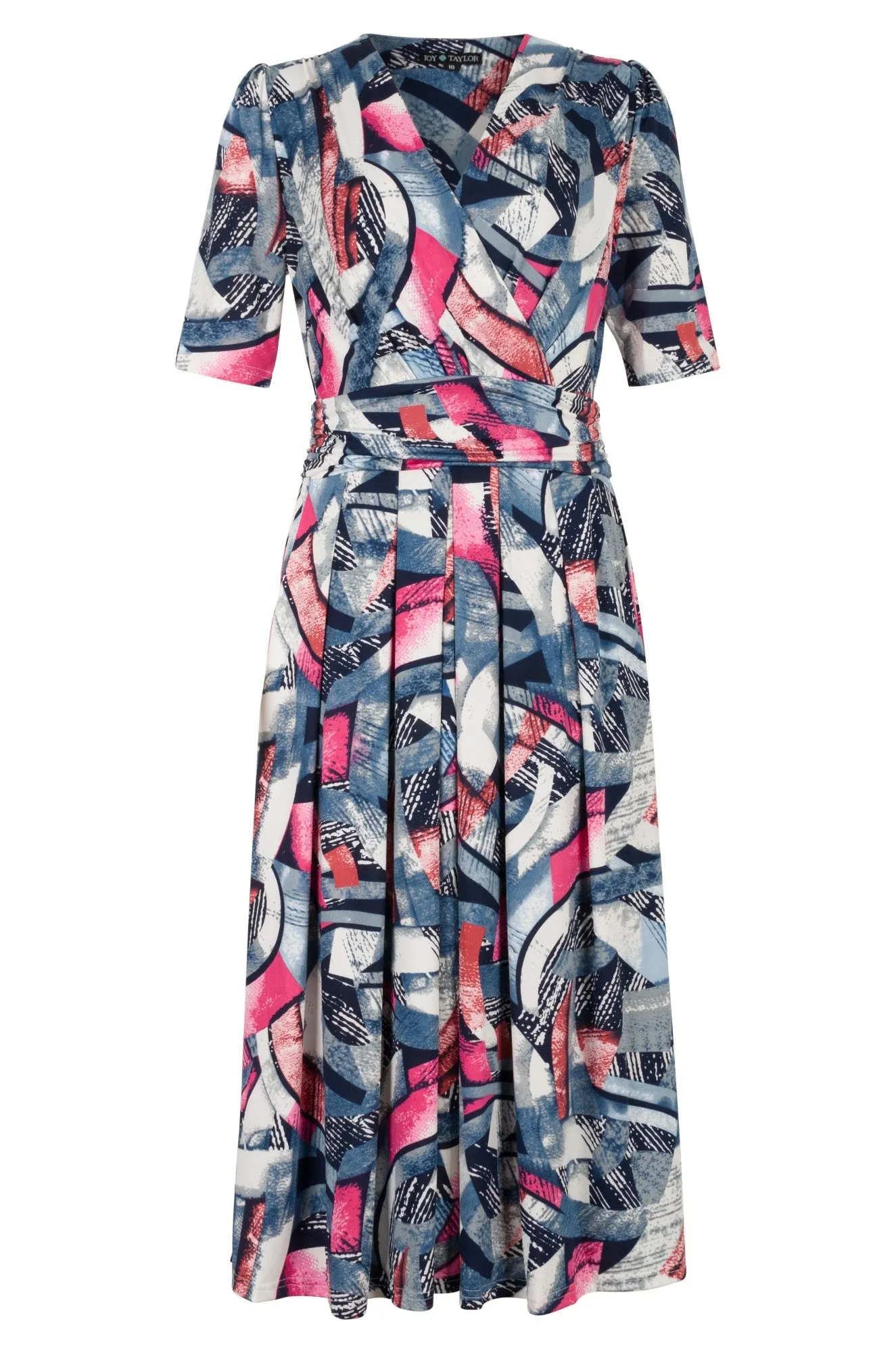V neck Midi Dress with rouch waist | BLUE PINK ABSTRACT | 0022A1 Eco Wear