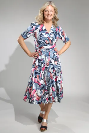 V neck Midi Dress with rouch waist | BLUE PINK ABSTRACT | 0022A1 Farm Glow Epic Glow
