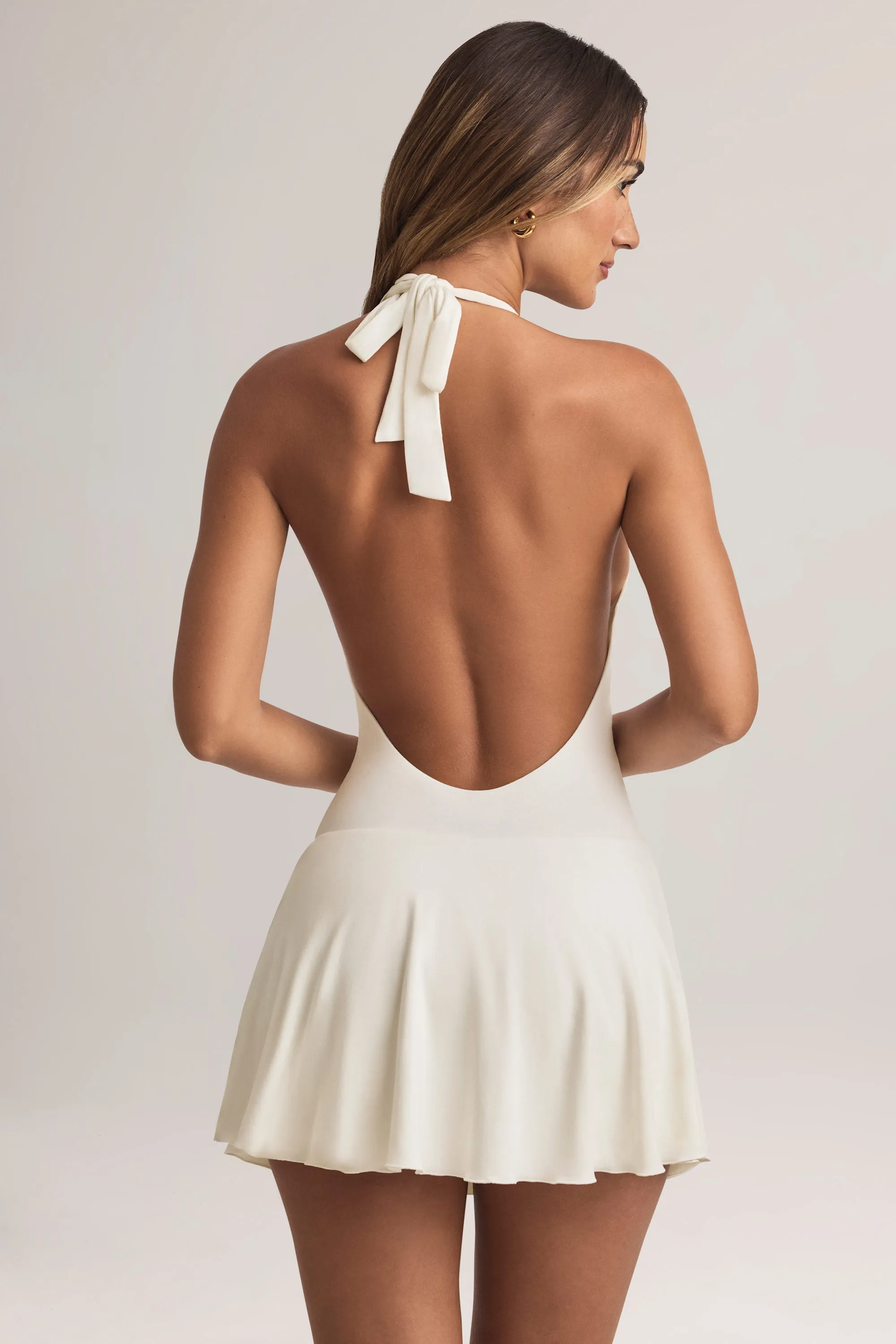 Diagonal Draping Effect Shine Star Modal Halterneck A-Line Mini Dress in White