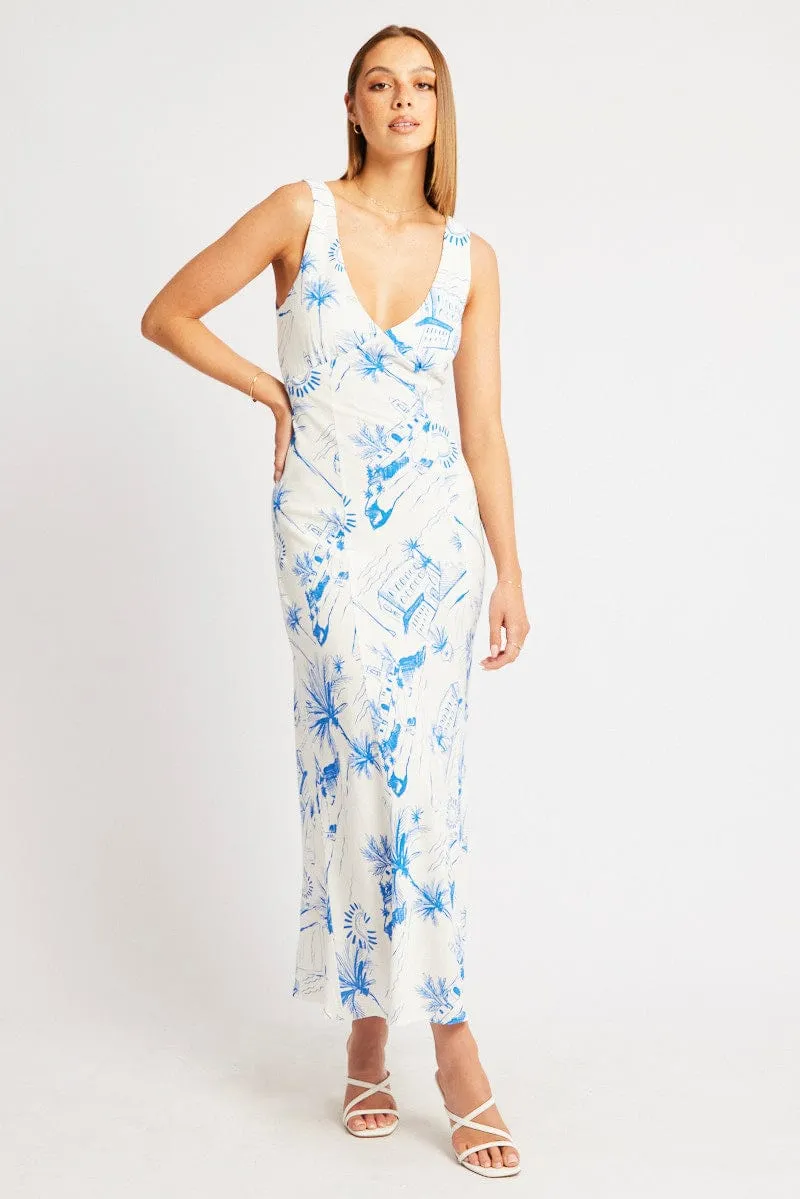 Blue Abstract Midi Dress V Neck Sleeveless Dress for warm weather Daywear Option